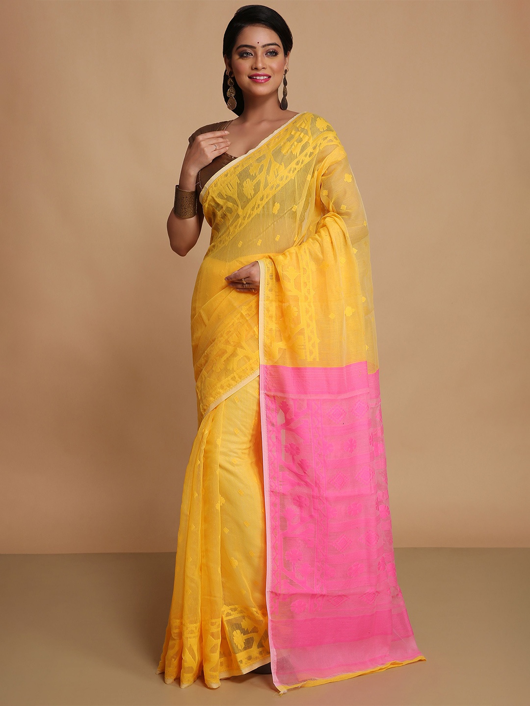 

BENGAL HANDLOOM Women Woven Design Taant Saree, Yellow