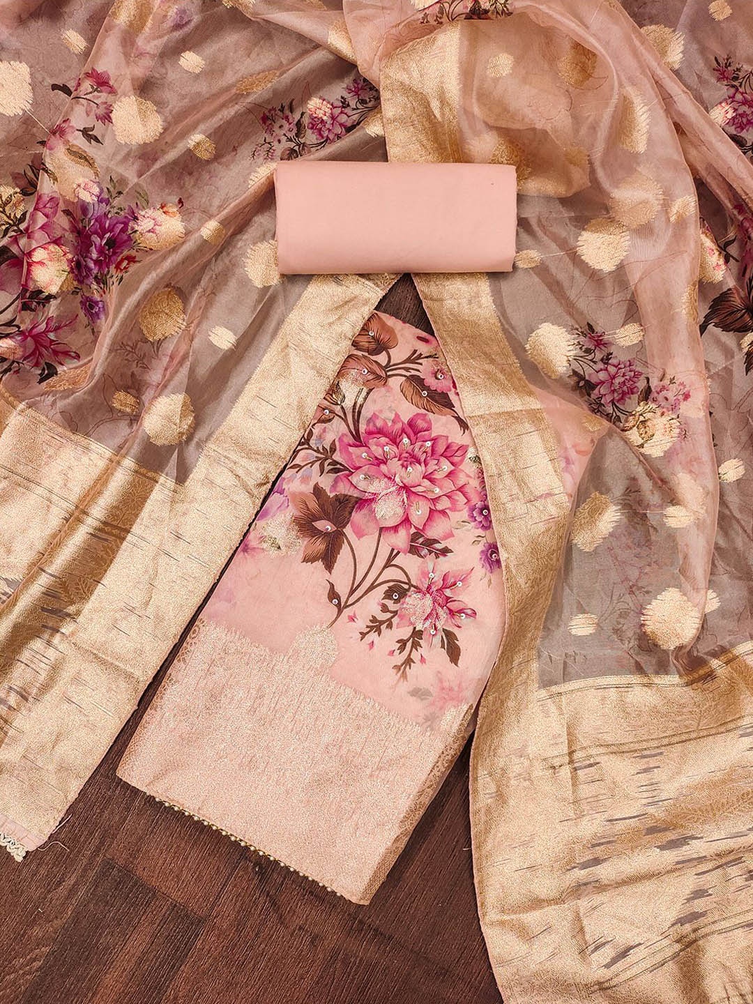 

Lilots Floral Printed Organza Unstitched Dress Material, Peach