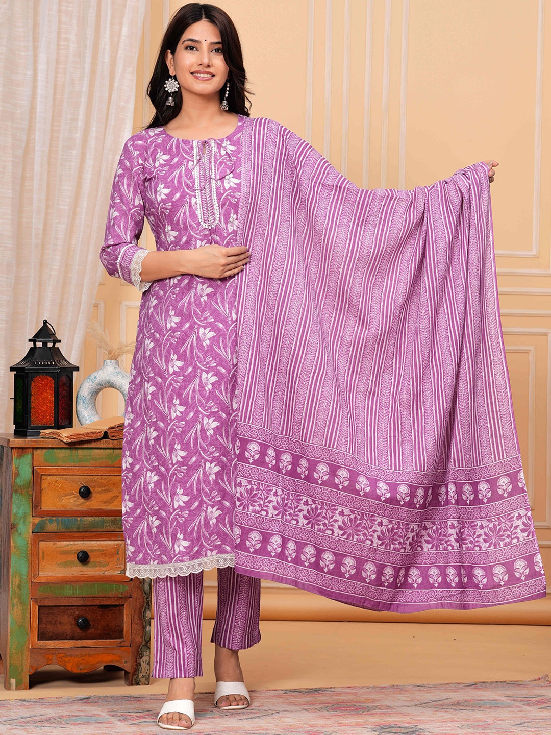 

KALINI Floral Printed Tie-Up Neck Pure Cotton Straight Kurta With Palazzos & Dupatta, Purple