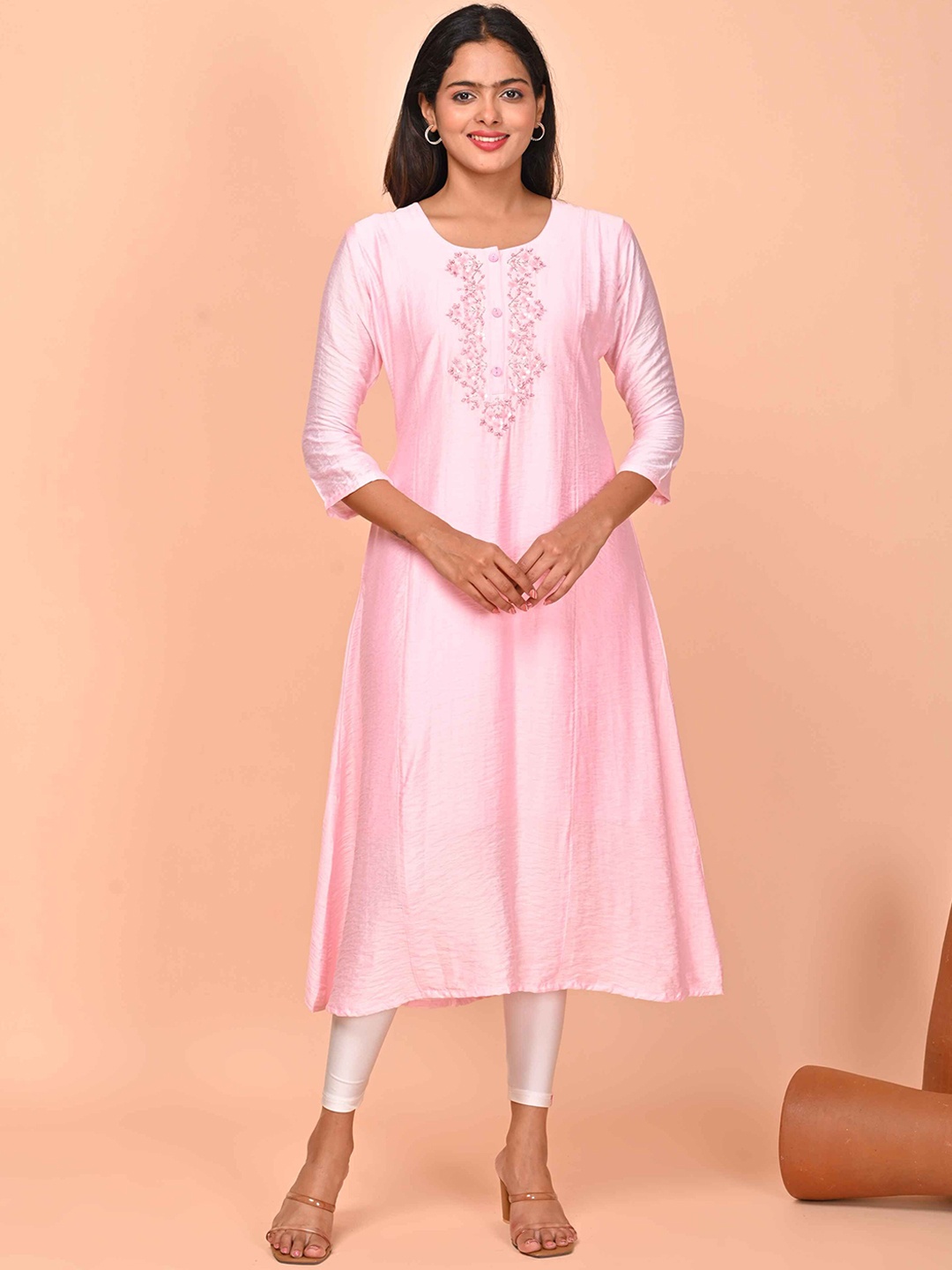 

GOLDSTROMS Floral Embroidered A-Line Kurta, Pink