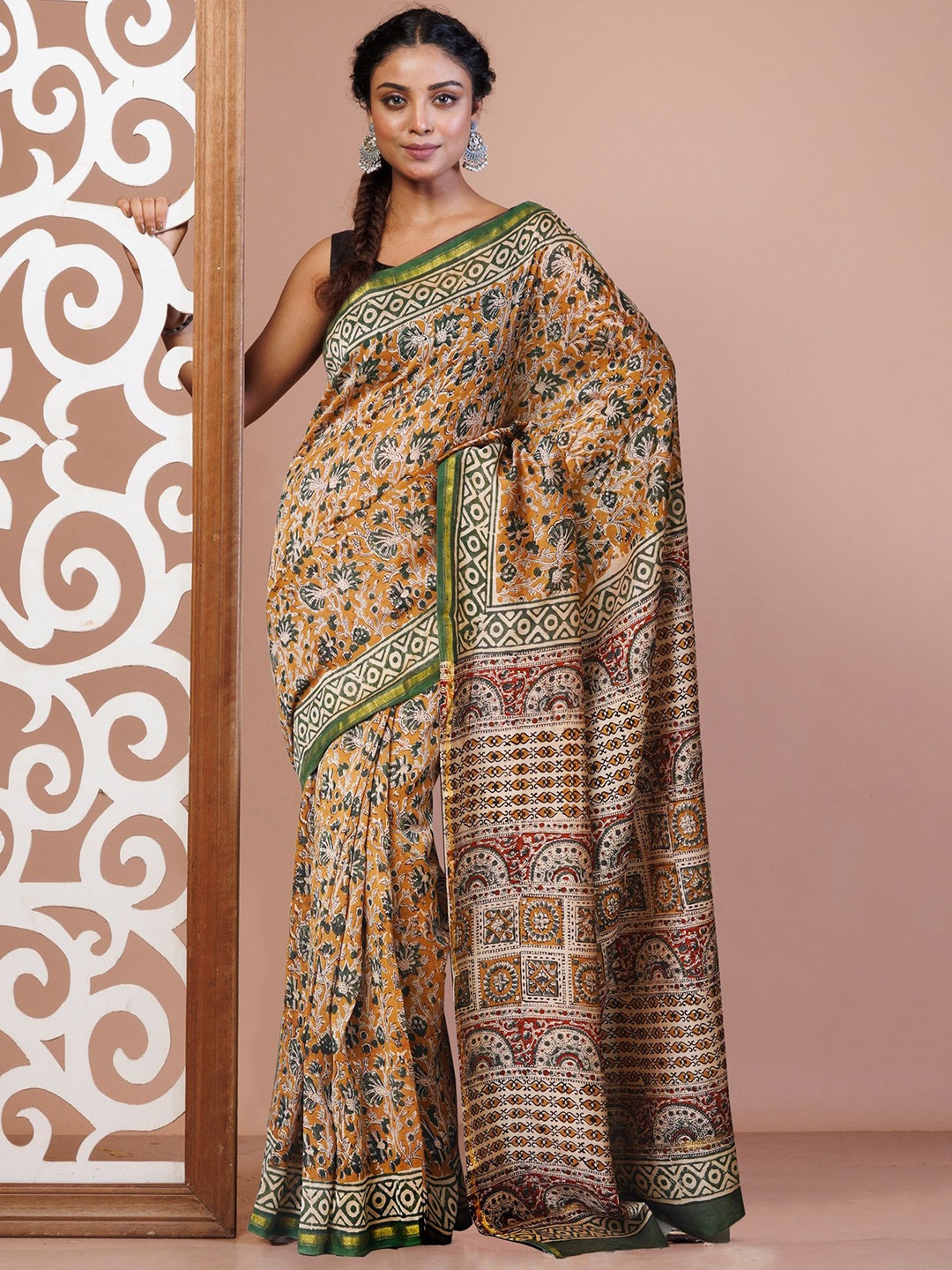 

Unnati Silks Kalamkari printed Handloom Chanderi Saree, Brown