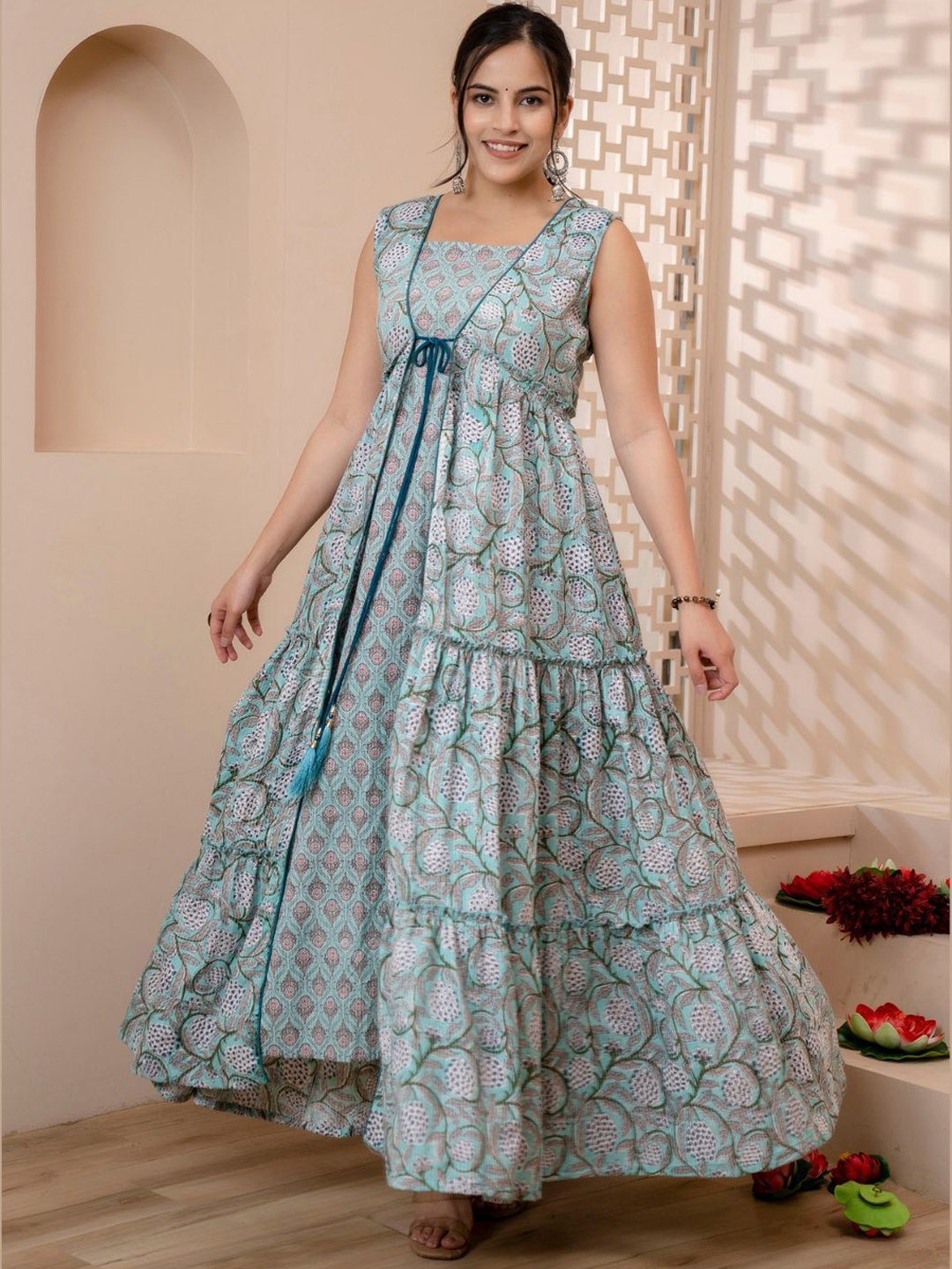 

Jaipurite Floral Printed Round Neck Maxi Ethnic Dress, Blue