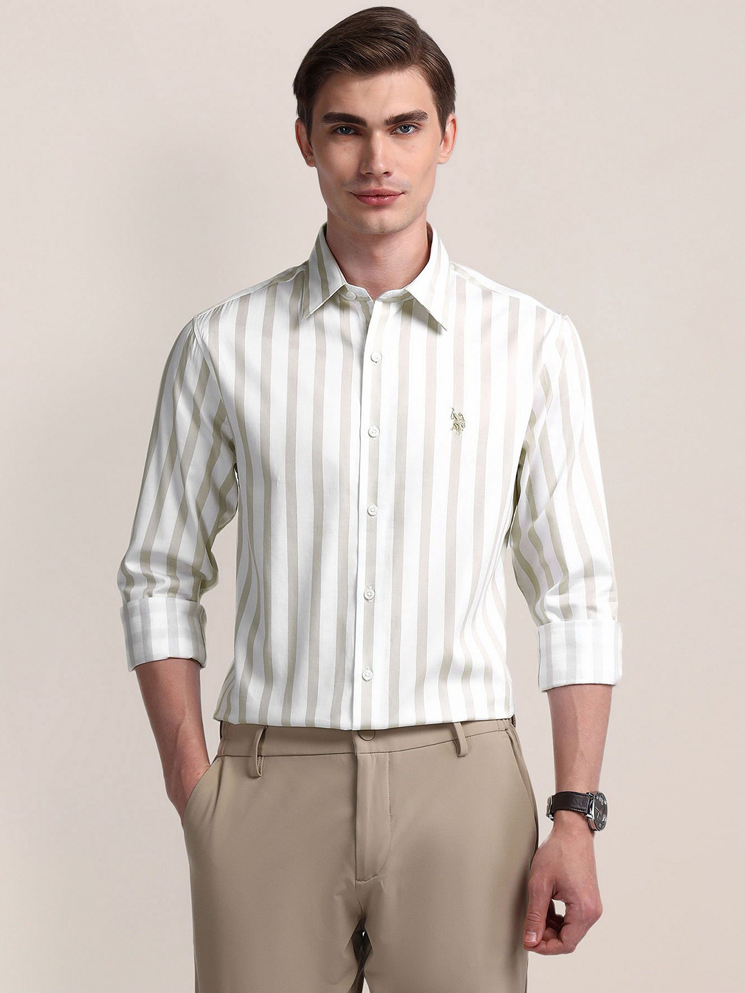 

U.S. Polo Assn. Men Modern Slim Fit Opaque Striped Casual Shirt, Beige