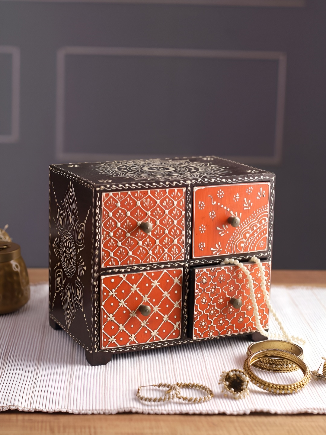 

Aura Orange & Black Mandana Printed Wooden Jewellery Organiser