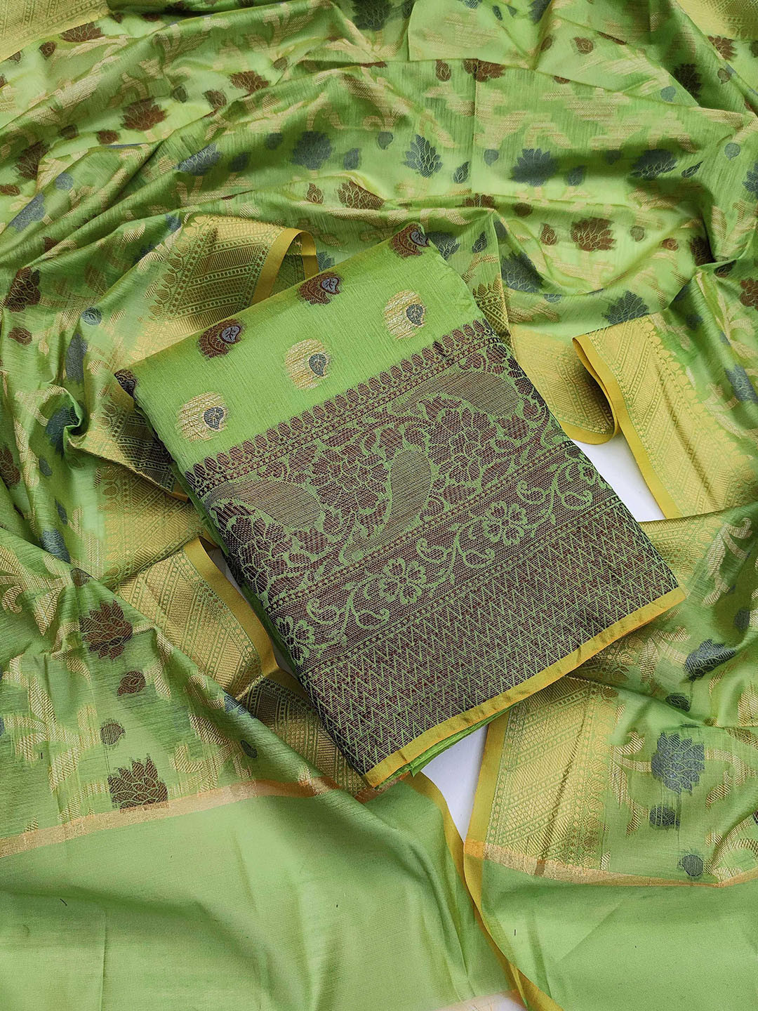 

Ishin Floral Woven Design Zari Unstitched Dress Material, Green