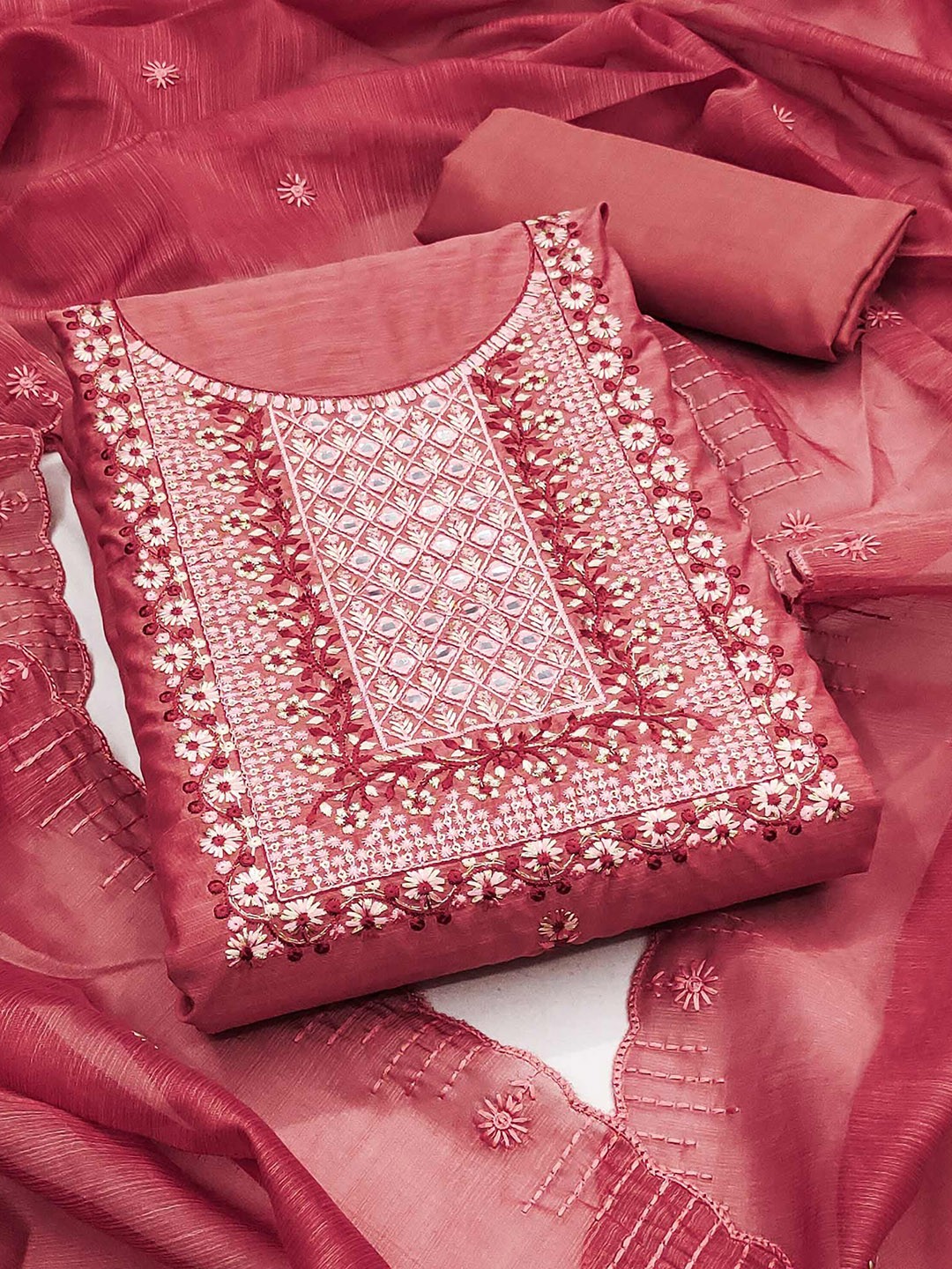 

Peachmode Ethnic Motifs Embroidered Mirror Work Unstitched Dress Material, Red