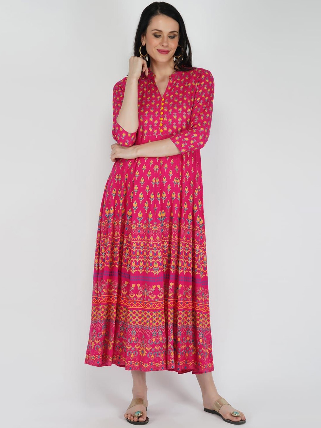 

SHANEXPO Floral Printed Mandarin Collar A-Line Ethnic Dress, Pink
