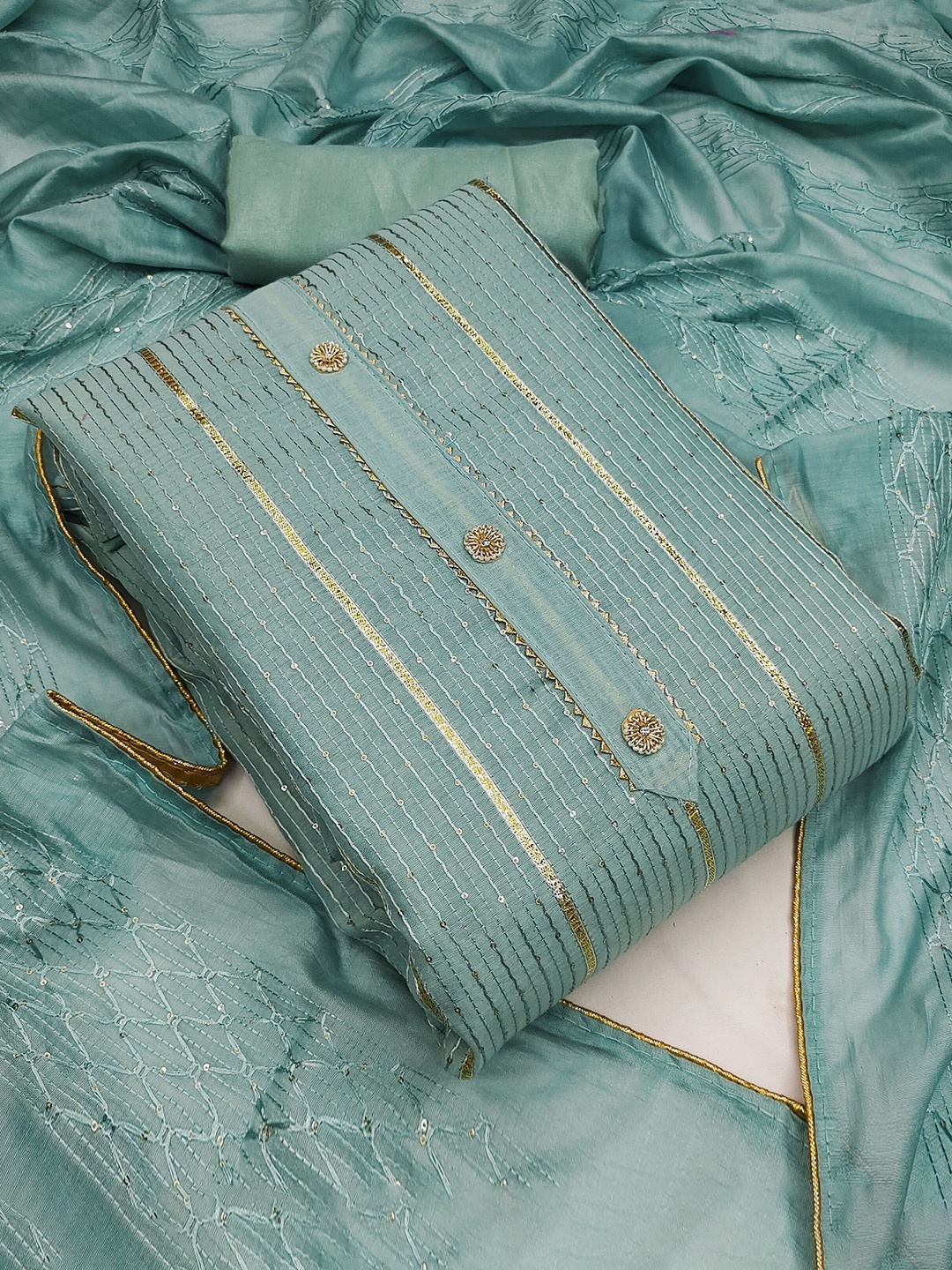 

Ishin Striped Sequinned Unstitched Dress Material, Sea green
