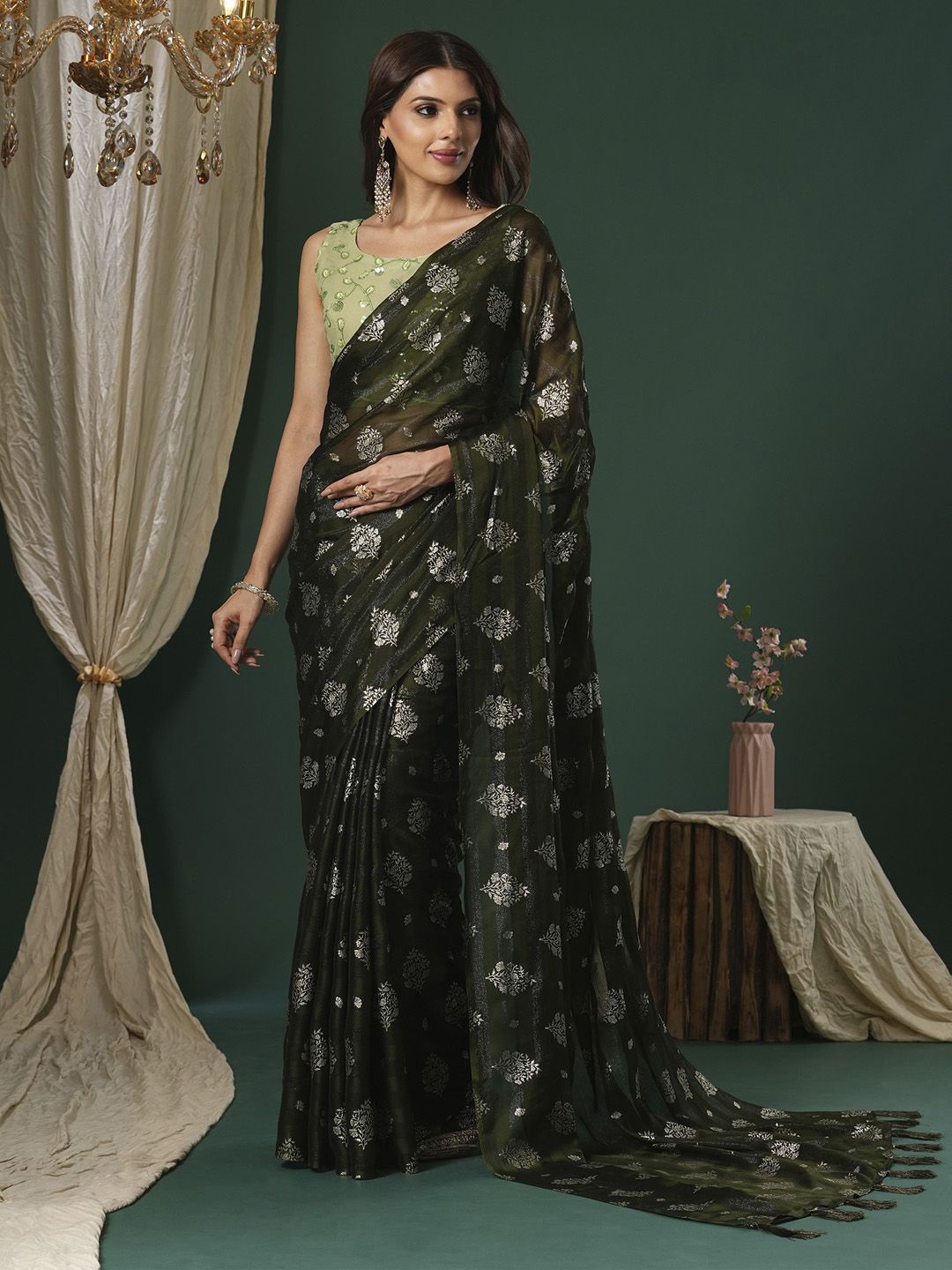 

KALINI Ethnic Motifs Saree, Olive