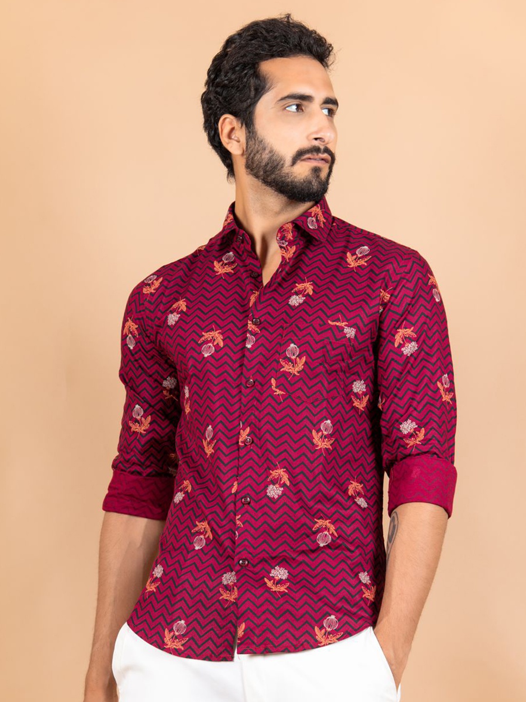 

Tistabene Men Standard Spread Collar Floral Printed Cotton Casual Shirt, Red