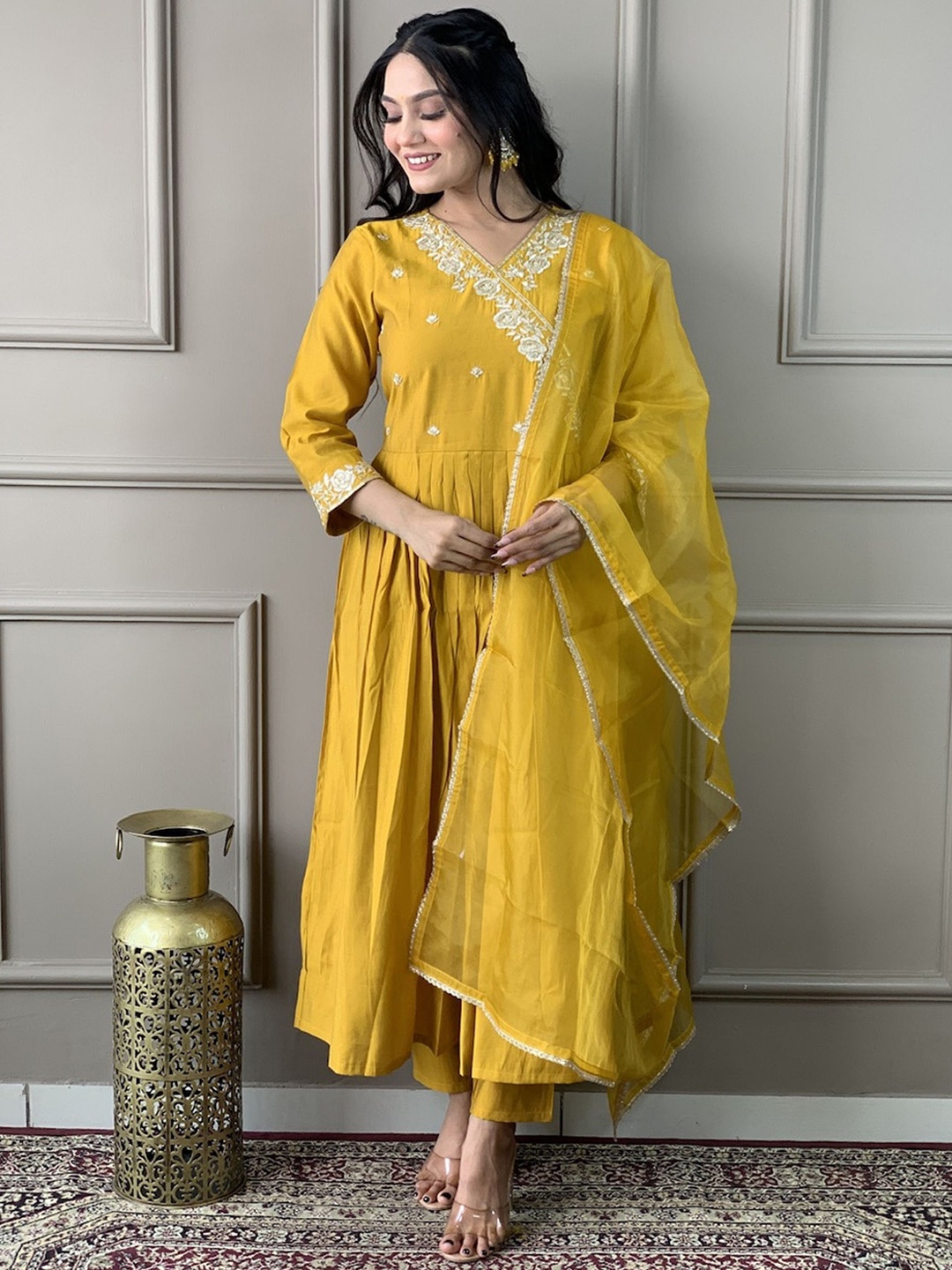 

KALINI Floral Embroidered V-Neck A-Line Kurta With Trousers & Dupatta, Mustard