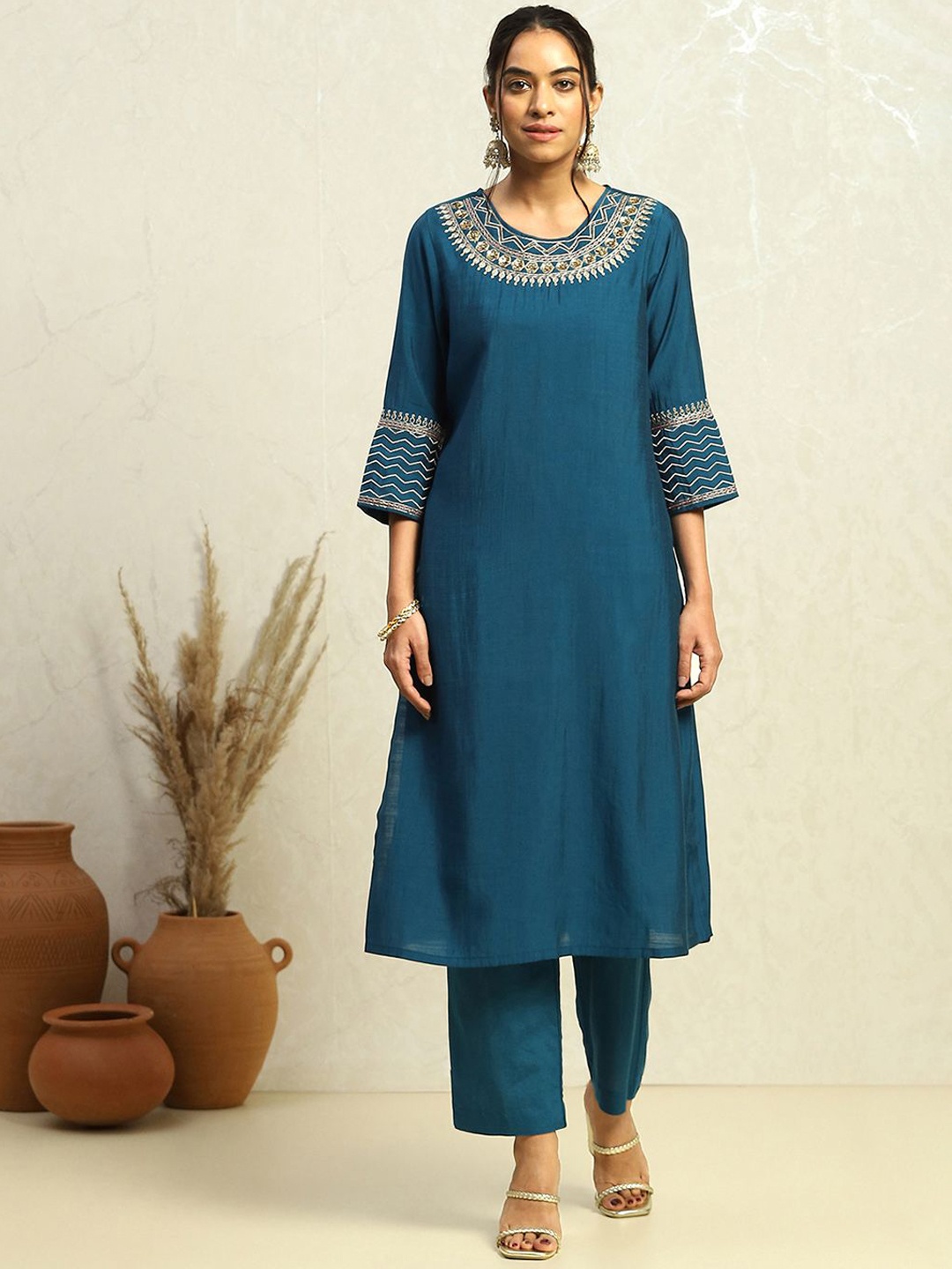 

Biba Floral Yoke Design Sequinned Straight Kurta, Blue