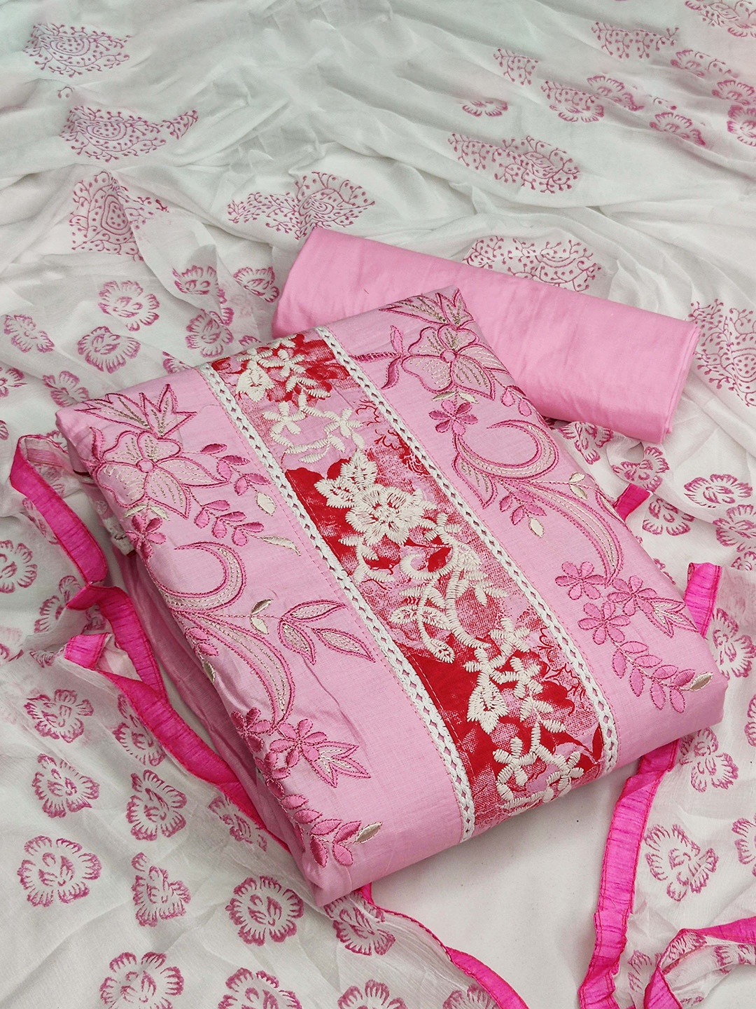 

Ishin Embroidered Thread Work Unstitched Dress Material, Pink
