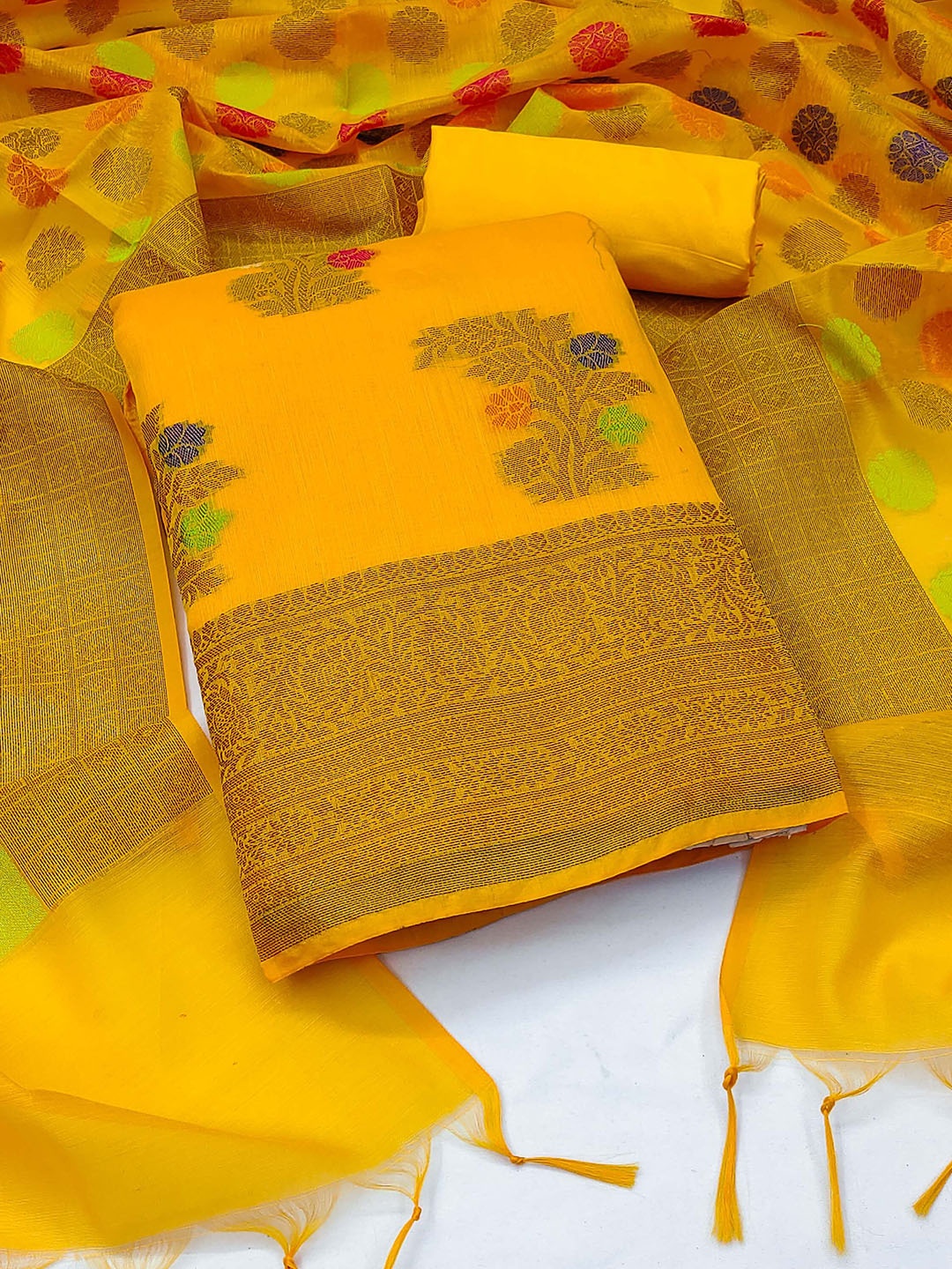 

KIMISHA Ethnic Motifs Woven Design Zari Unstitched Dress Material, Mustard