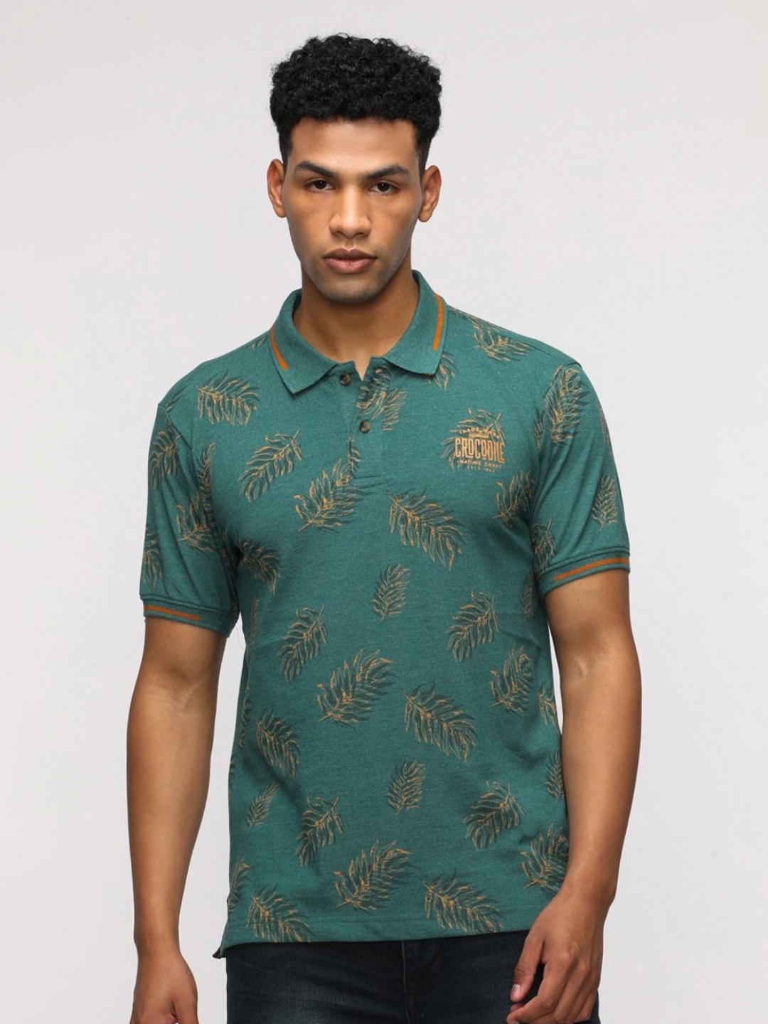 

Crocodile Men Floral Printed Polo Collar Cotton Slim Fit T-Shirt, Teal