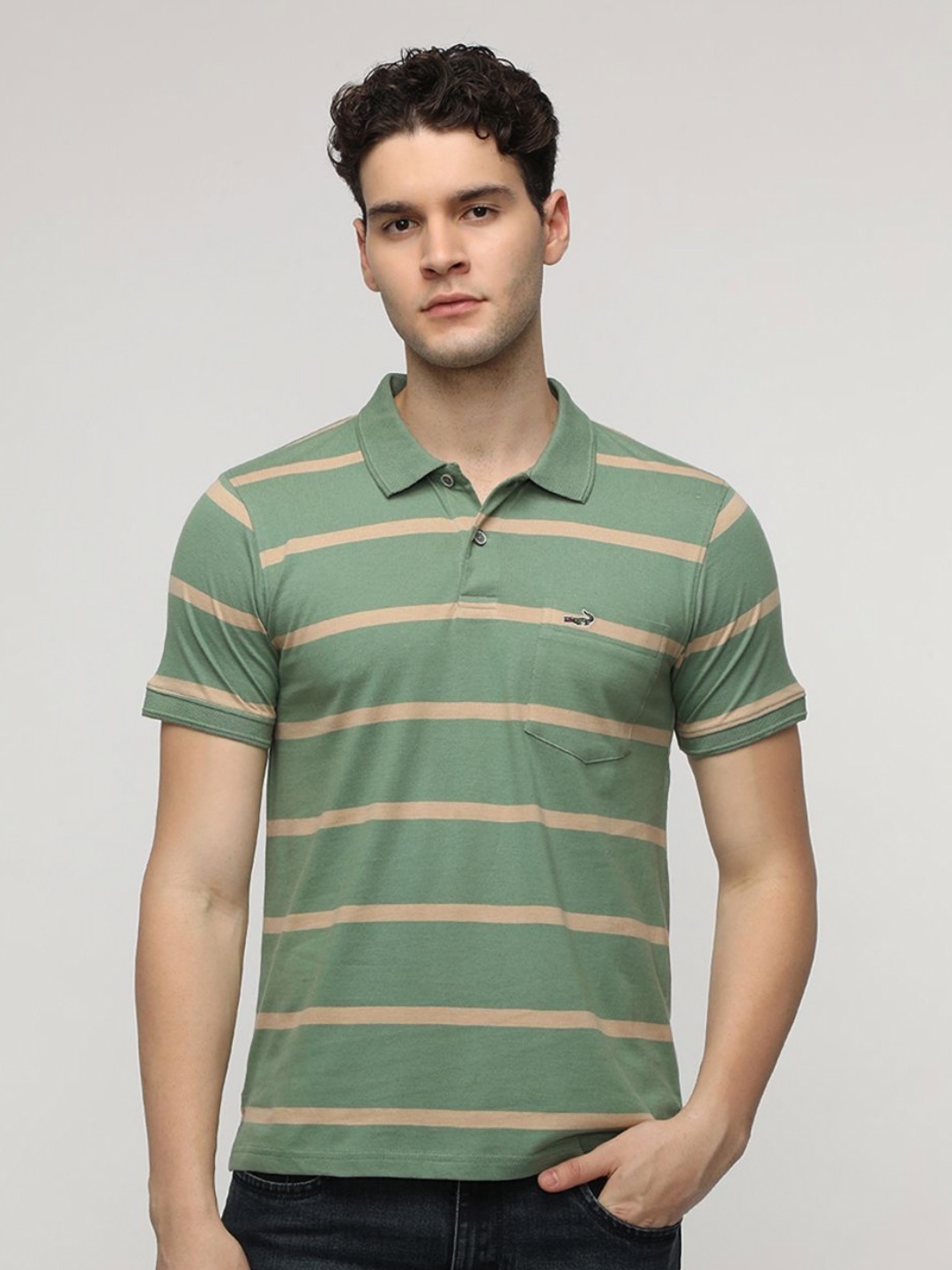 

Crocodile Men Striped Polo Collar Cotton Slim Fit T-Shirt, Green