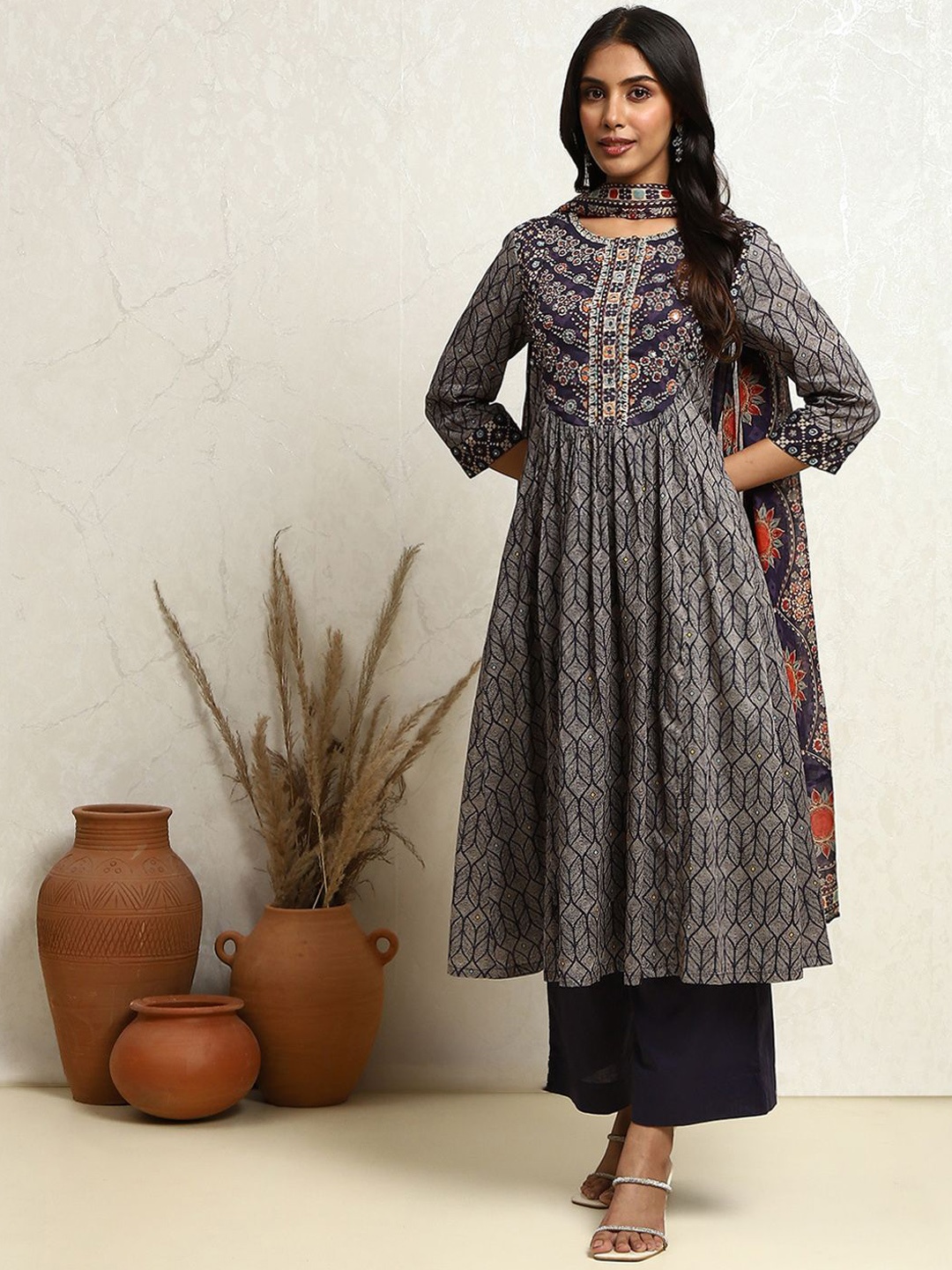 

Biba Ethnic Motifs Printed Beads & Stones Pure Cotton A-Line Kurta With Palazzos & Dupatta, Blue