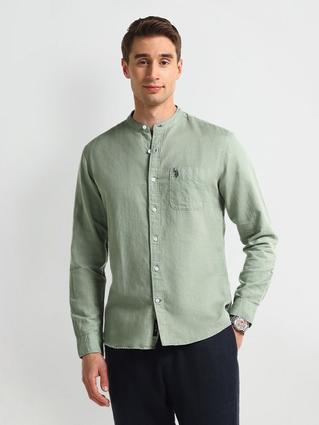 

U.S. Polo Assn. Men Modern Band Collar Solid Linen Blend Slim Fit Casual Shirt, Green