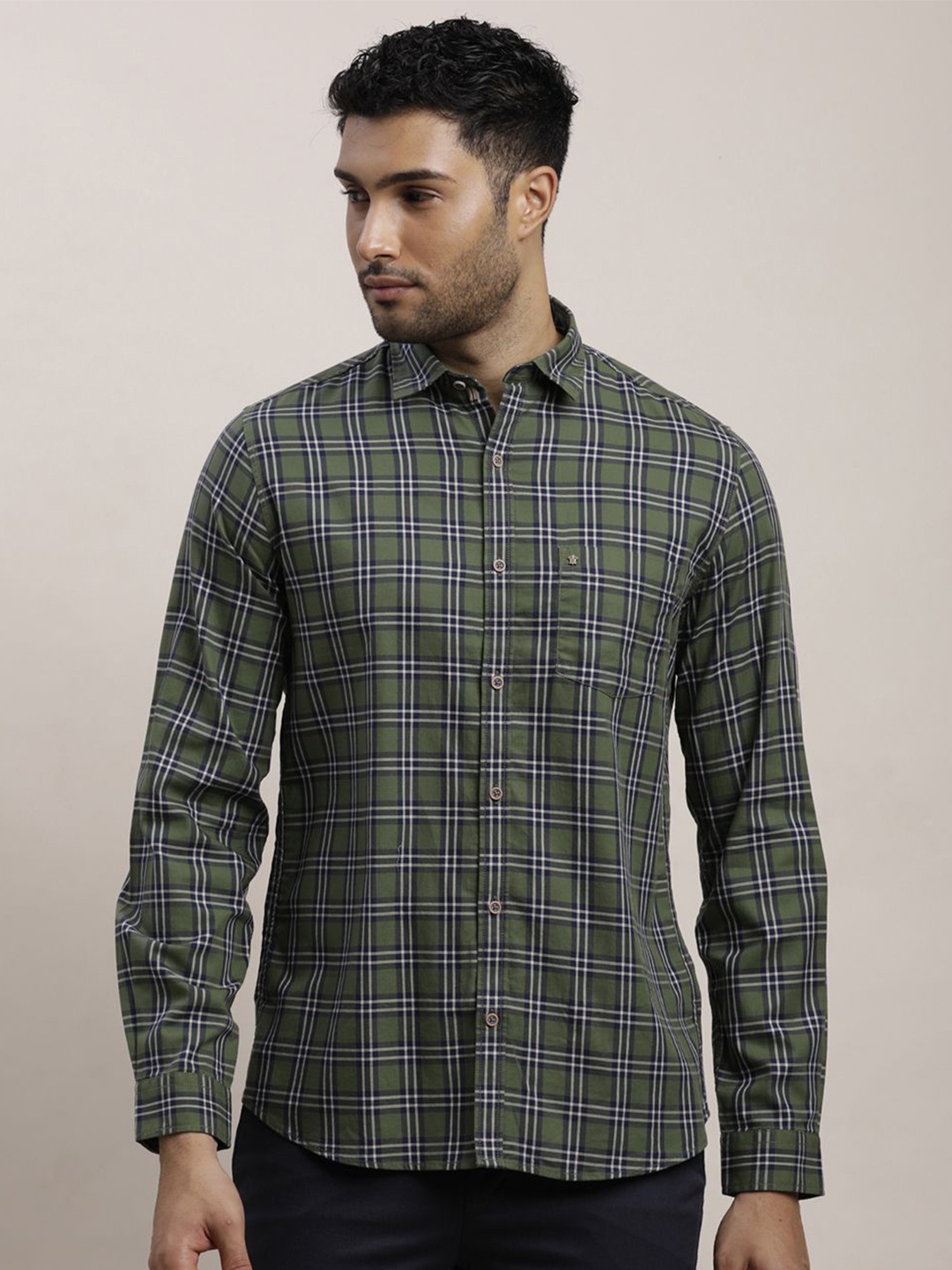 

Turtle Men Relaxed Spread Collar Tartan Checked Cotton Slim Fit Casual Shirt, Green