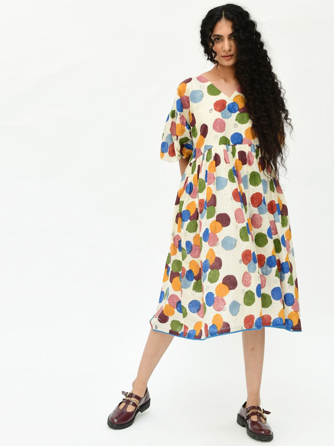 

Rias Jaipur Polka Dot Printed Puff Sleeve Fit & Flare Midi Dress, Off white