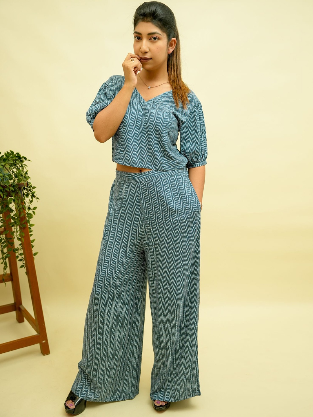 

GO BOUJEE Geometric Printed Top With Trousers, Teal