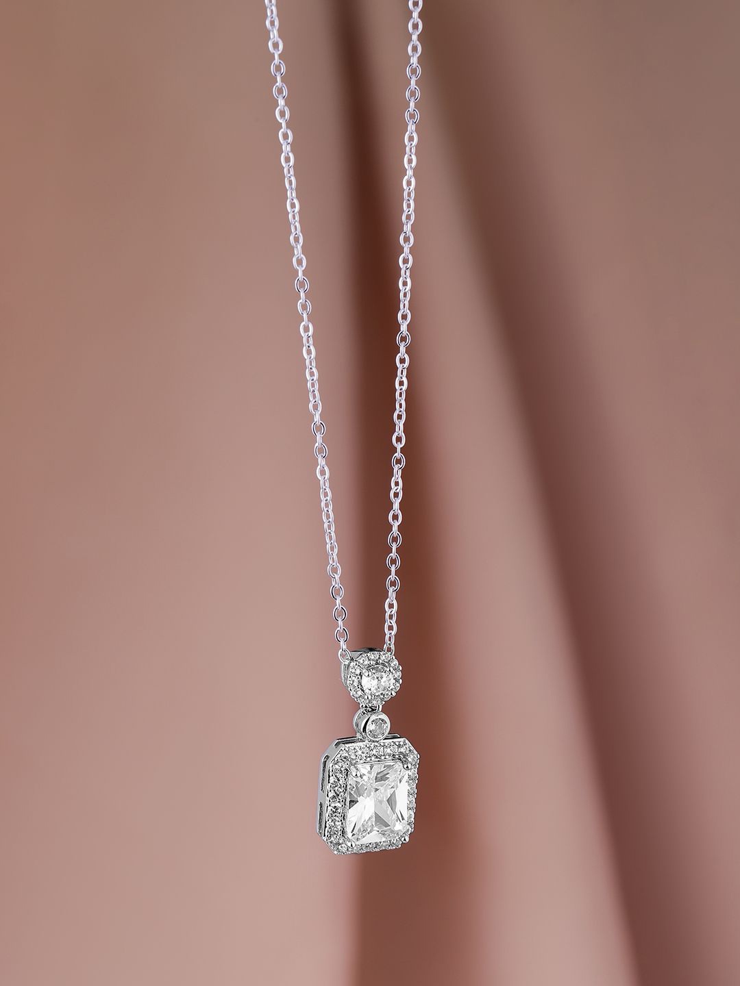 

Rubans Rhodium Plated Sparkling AD & Cubic Zirconia Studded Rectangle Pendant Necklace, Silver