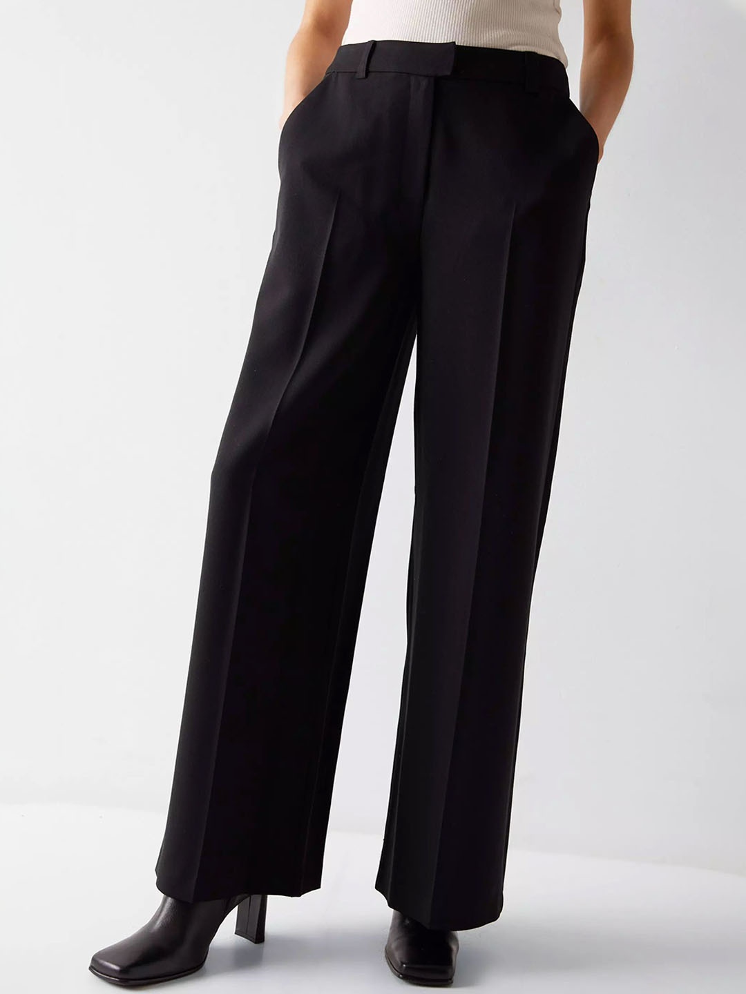 

FNOCKS Women Original Straight Fit High-Rise Pleated Formal Trousers, Black