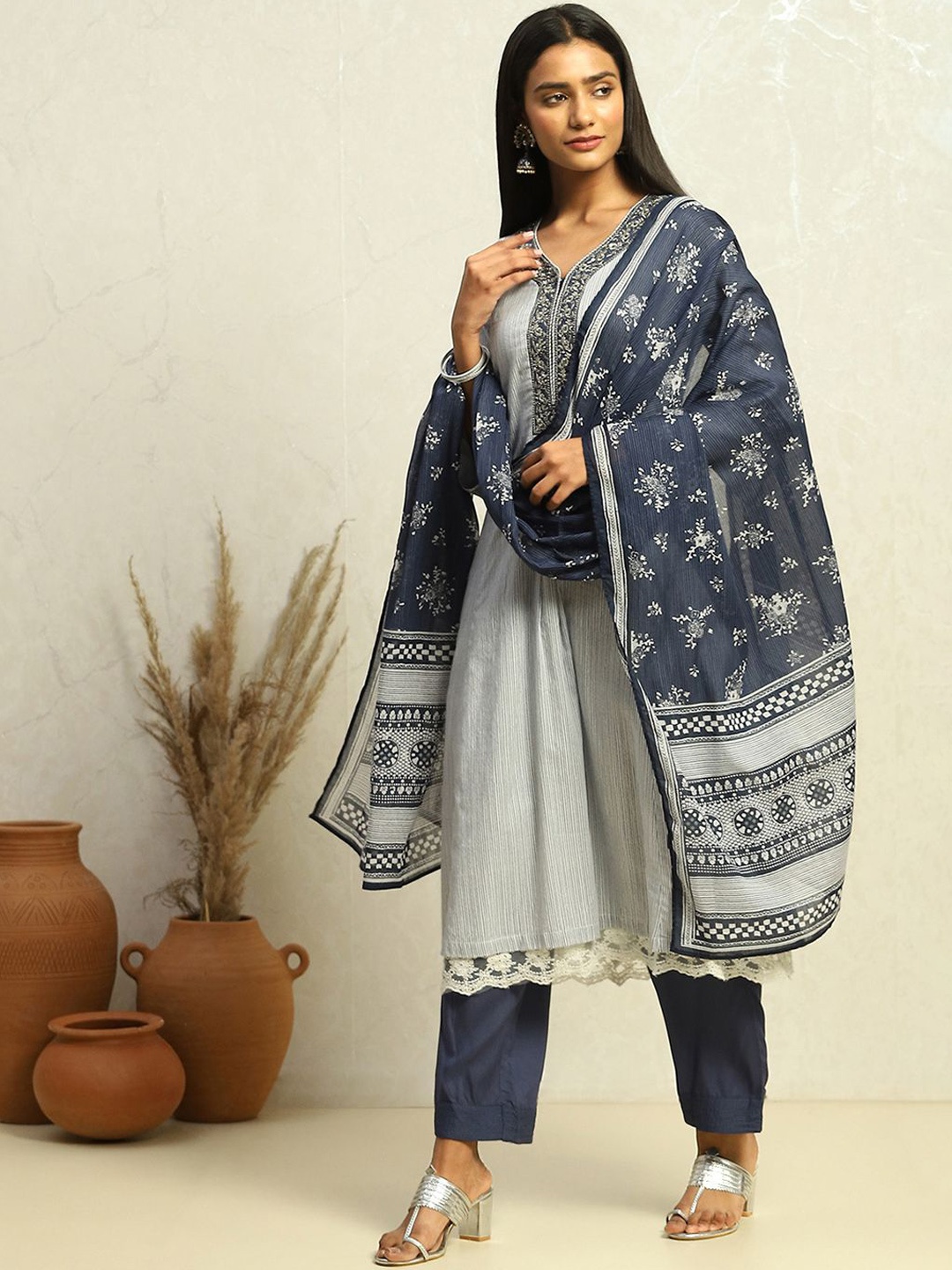 

Biba Striped Thread Work Pure Cotton Straight Kurta With Trouser & Dupatta, White