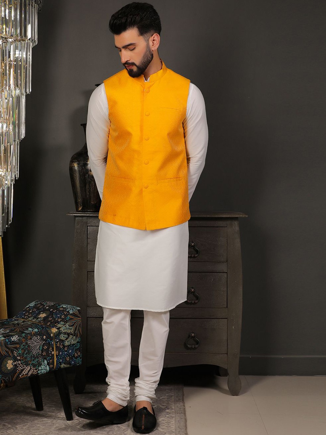 

DEYANN Mandarin Collar Jacquard Weave Cotton Silk Kurta with Churidar & Nehru jacket, Yellow