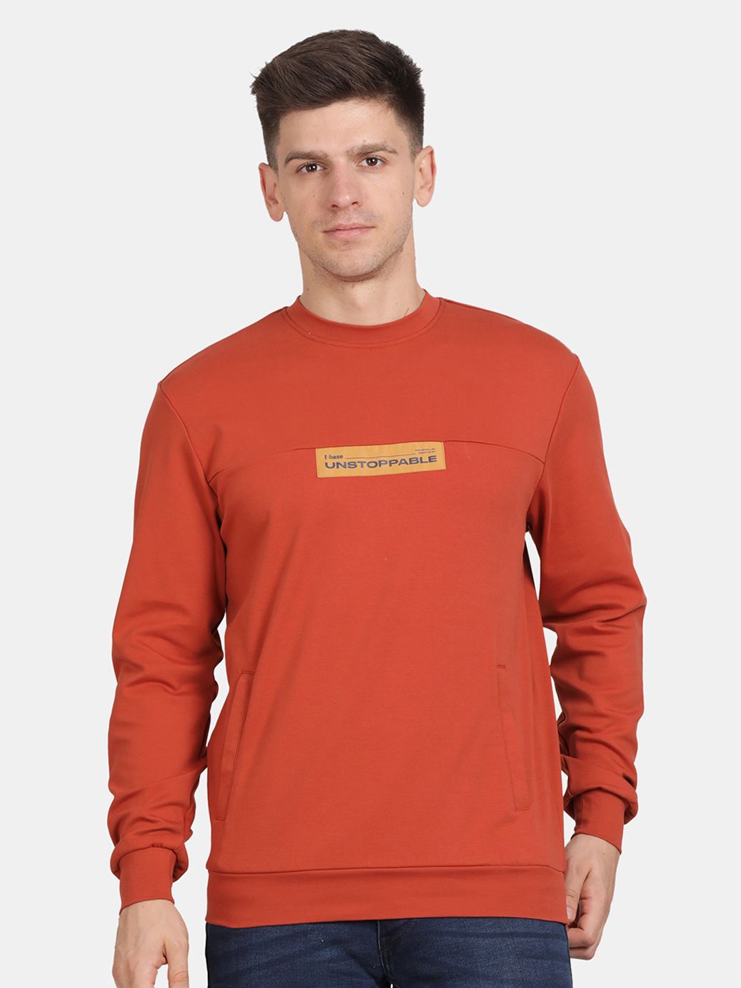 

t-base Men Graphic Printed Sweatshirt, Orange