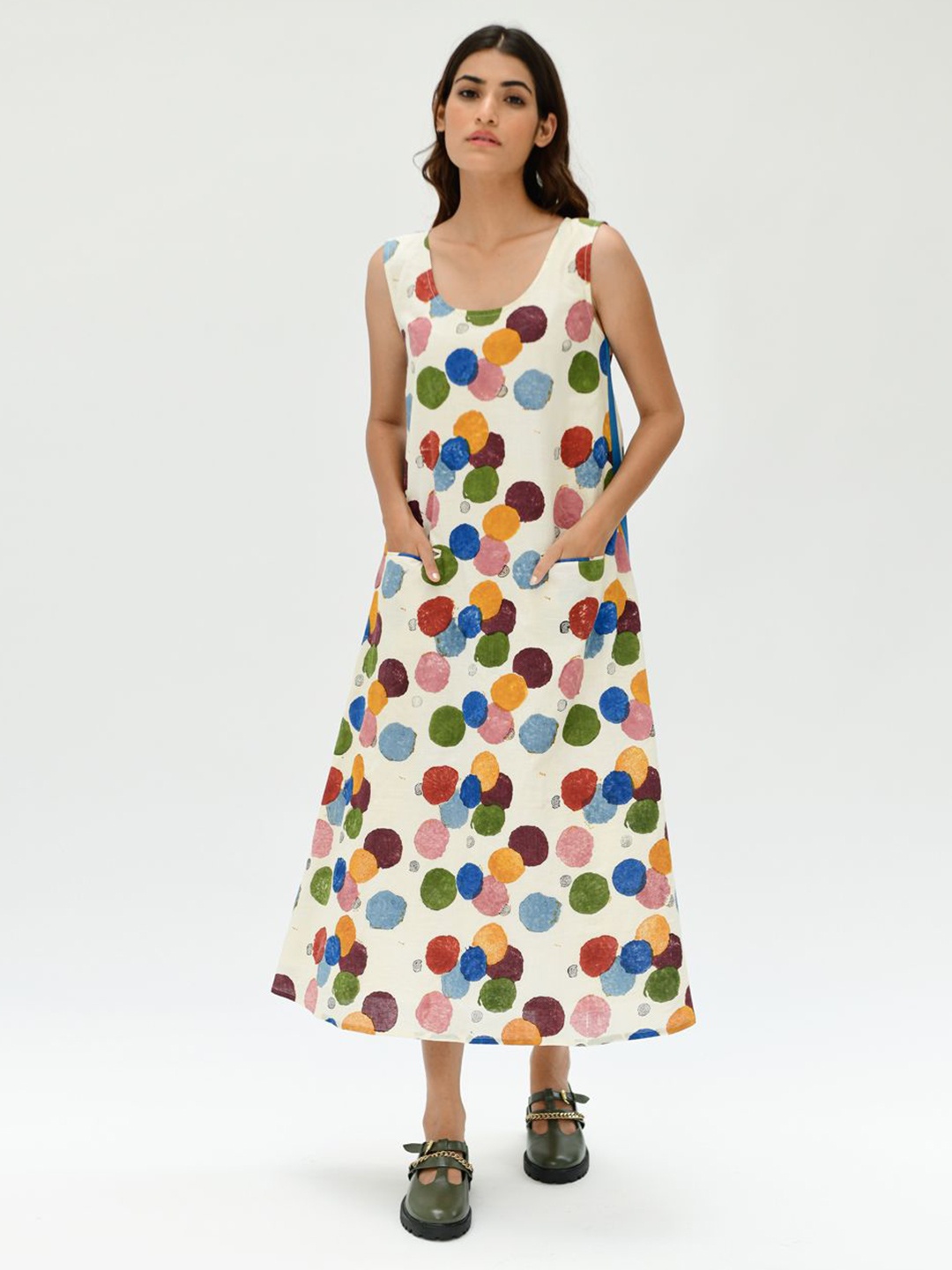

Rias Jaipur Polka Dot Printed A-Line Midi Dress, Off white