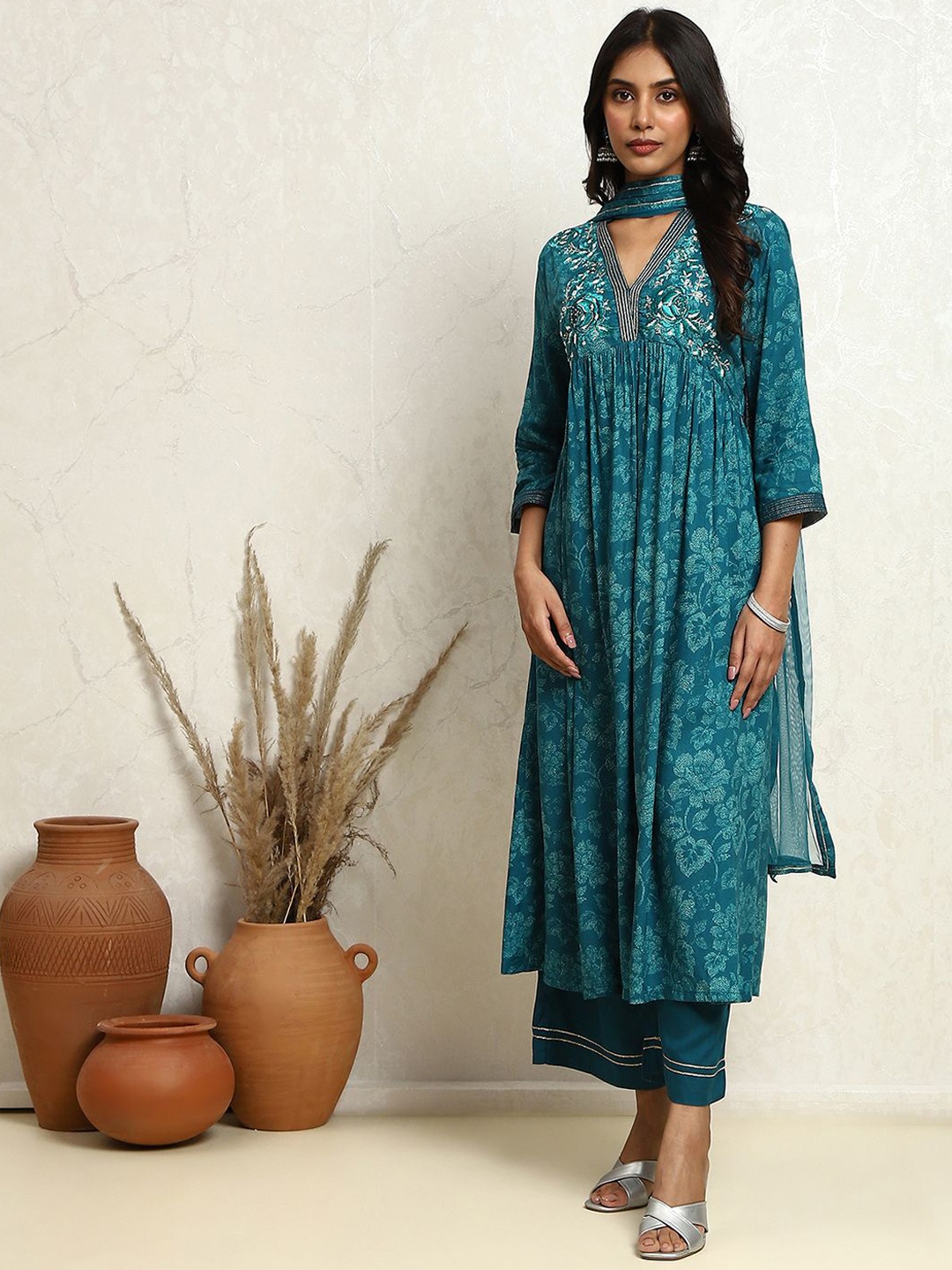 

Biba Floral Printed Pleated Thread Work A-Line Kurta with Palazzos & Dupatta, Blue