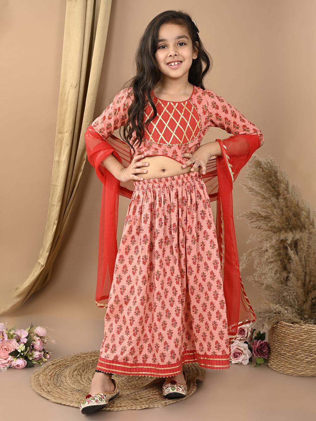 

Here&Now X Kinder Kids Girls Cotton Printed Ready to Wear Lehenga & Blouse With Dupatta, Peach