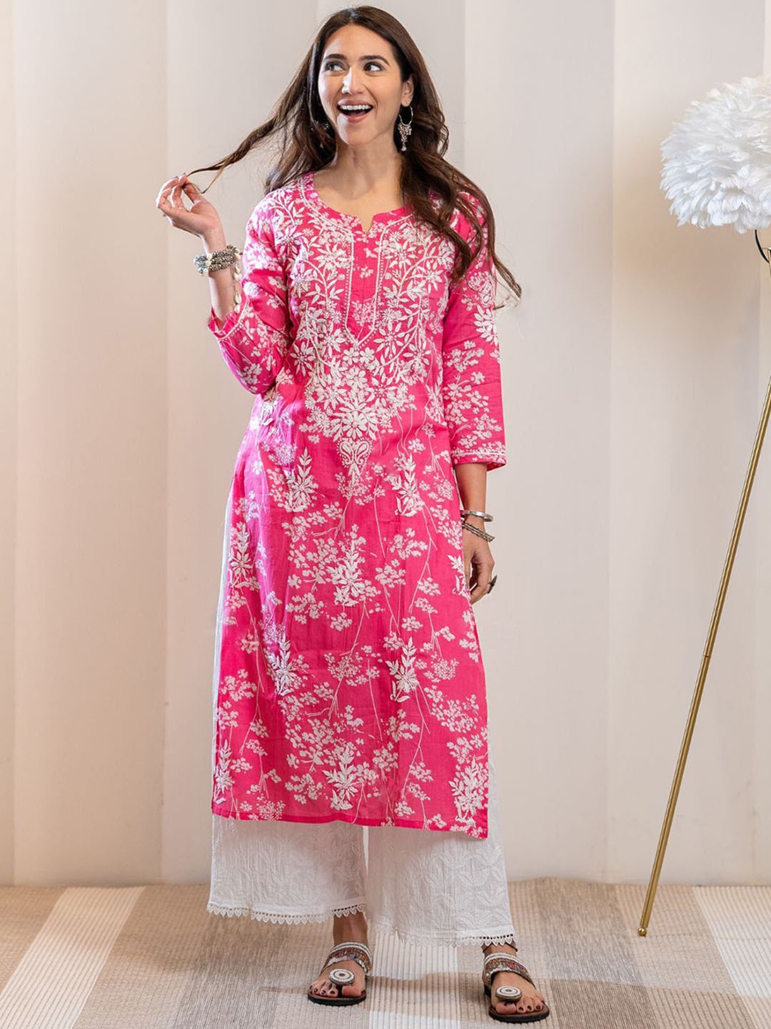 

GoSriKi Floral Embroidered Chikankari Straight Kurta, Pink