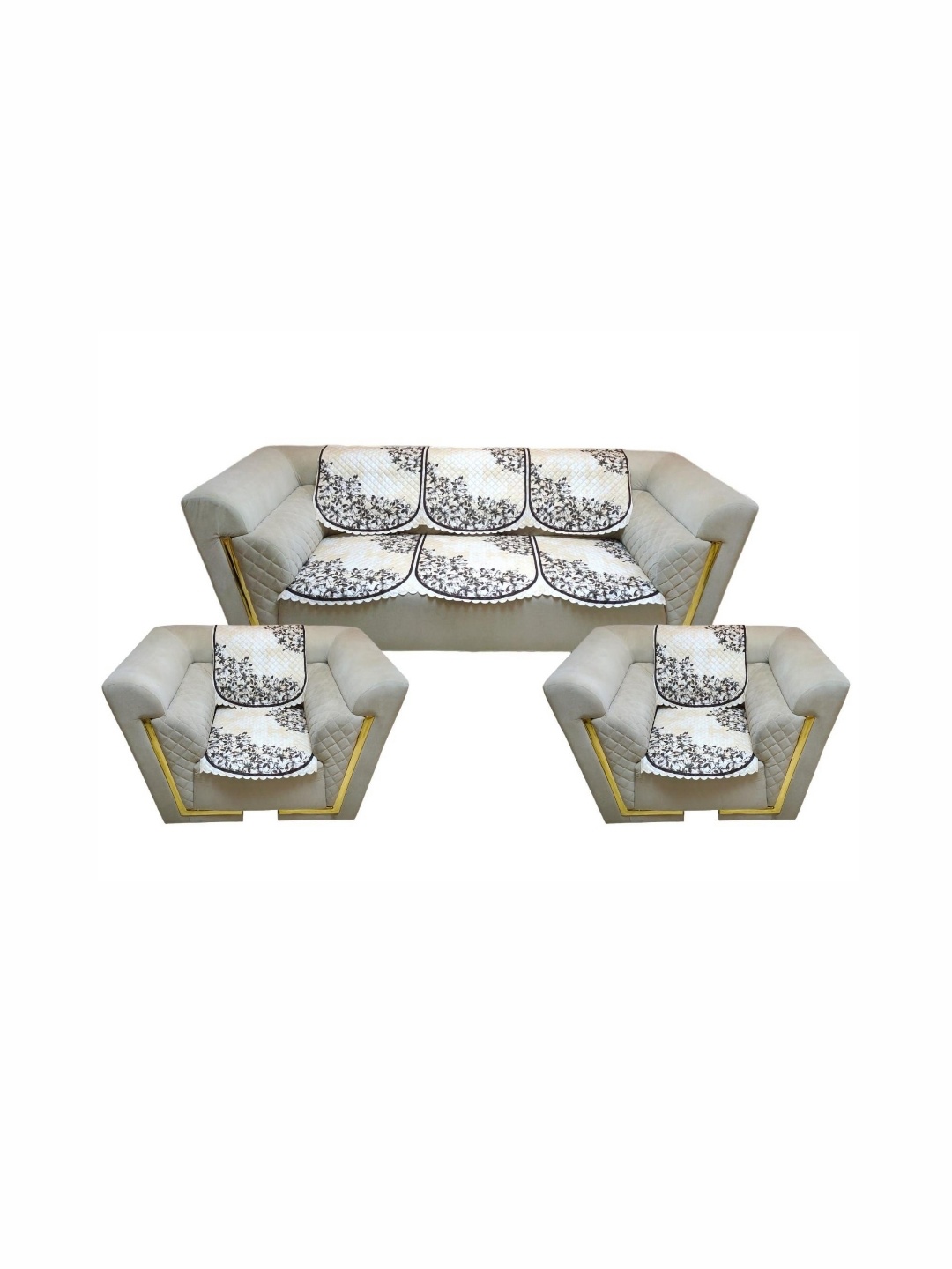 

MONKDECOR Cream-Coloured & Grey 6 Pieces Printed 5 Seater Velvet Sofa Cover