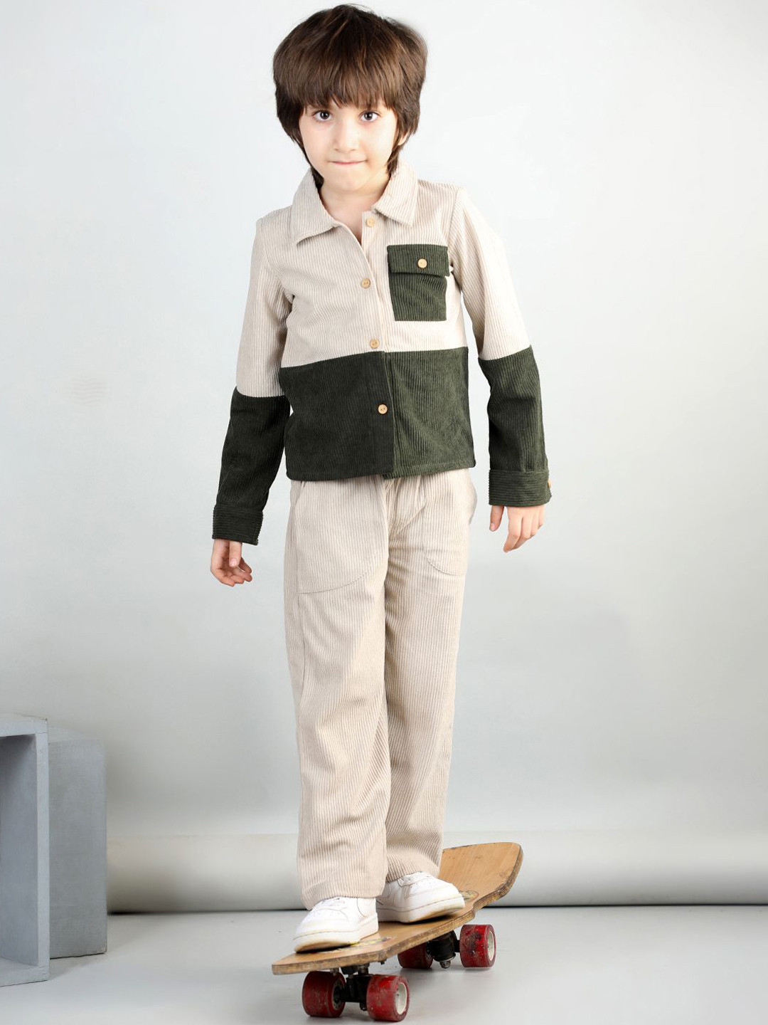 

AWW HUNNIE Boys Full Sleeves Corduroy Collar Pure Cotton Shirt With Corduroy Trousers, Beige