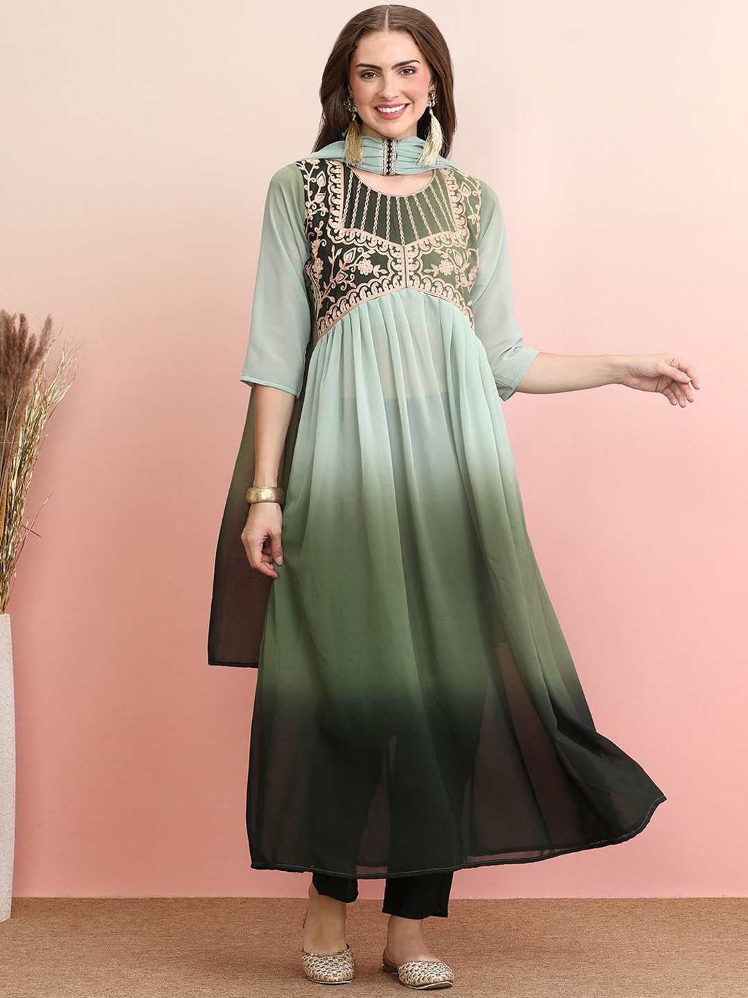 

KALINI Ethnic Motifs Yoke Design Anarkali Thread Work Kurta with Trousers & Dupatta, Green