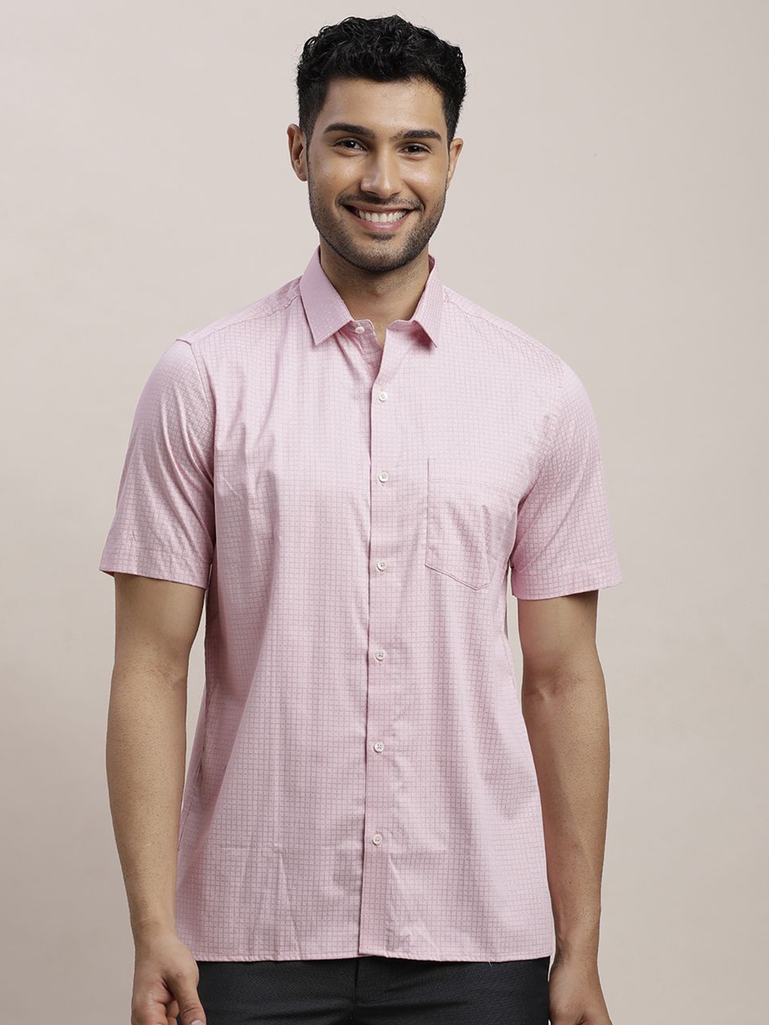 

Turtle Men Standard Spread Collar Micro Checked Cotton Formal Shirt, Pink