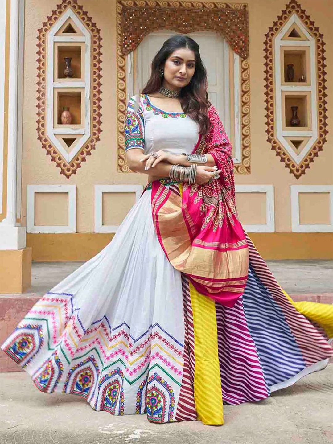 

ODETTE Embroidered Thread Work Ready To Wear Lehenga & Blouse With Dupatta, White