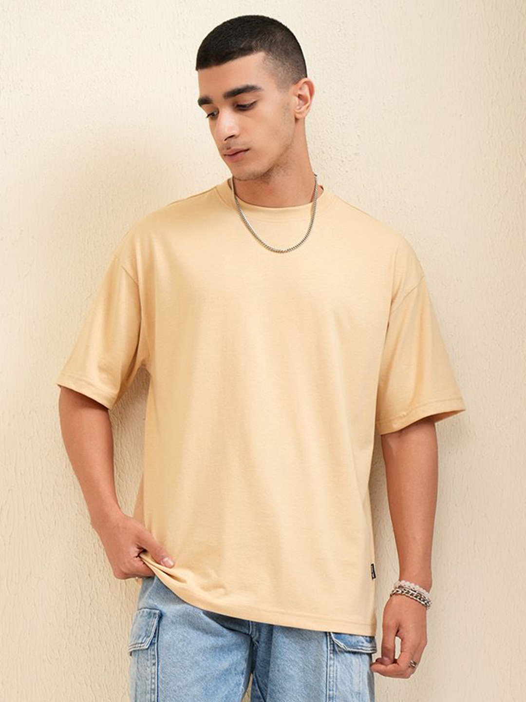 

HIGHLANDER Men Solid Round Neck Cotton Oversized T-shirt, Beige