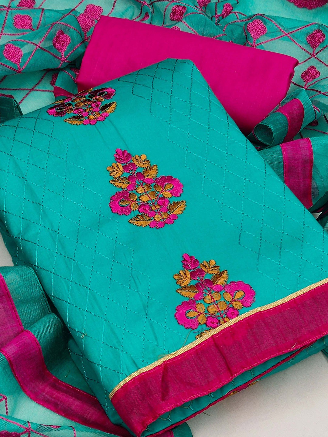 

Ishin Floral Embroidered Unstitched Dress Material, Sea green