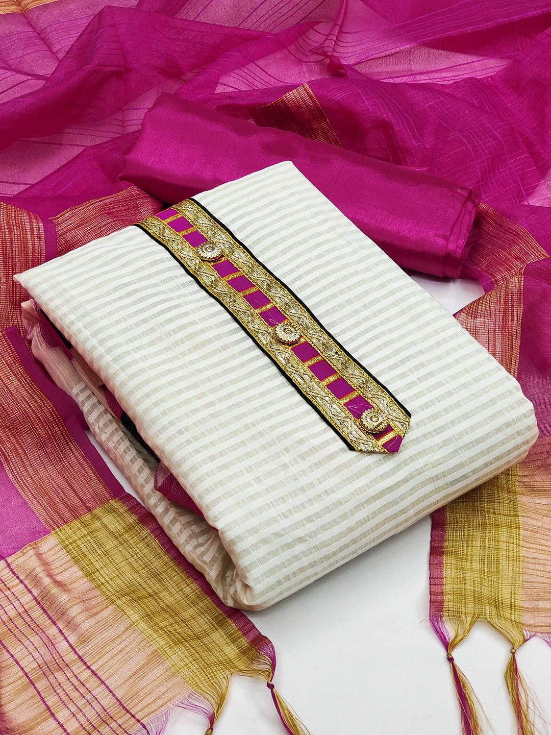 

Ishin Striped Woven Design Zari Unstitched Dress Material, White