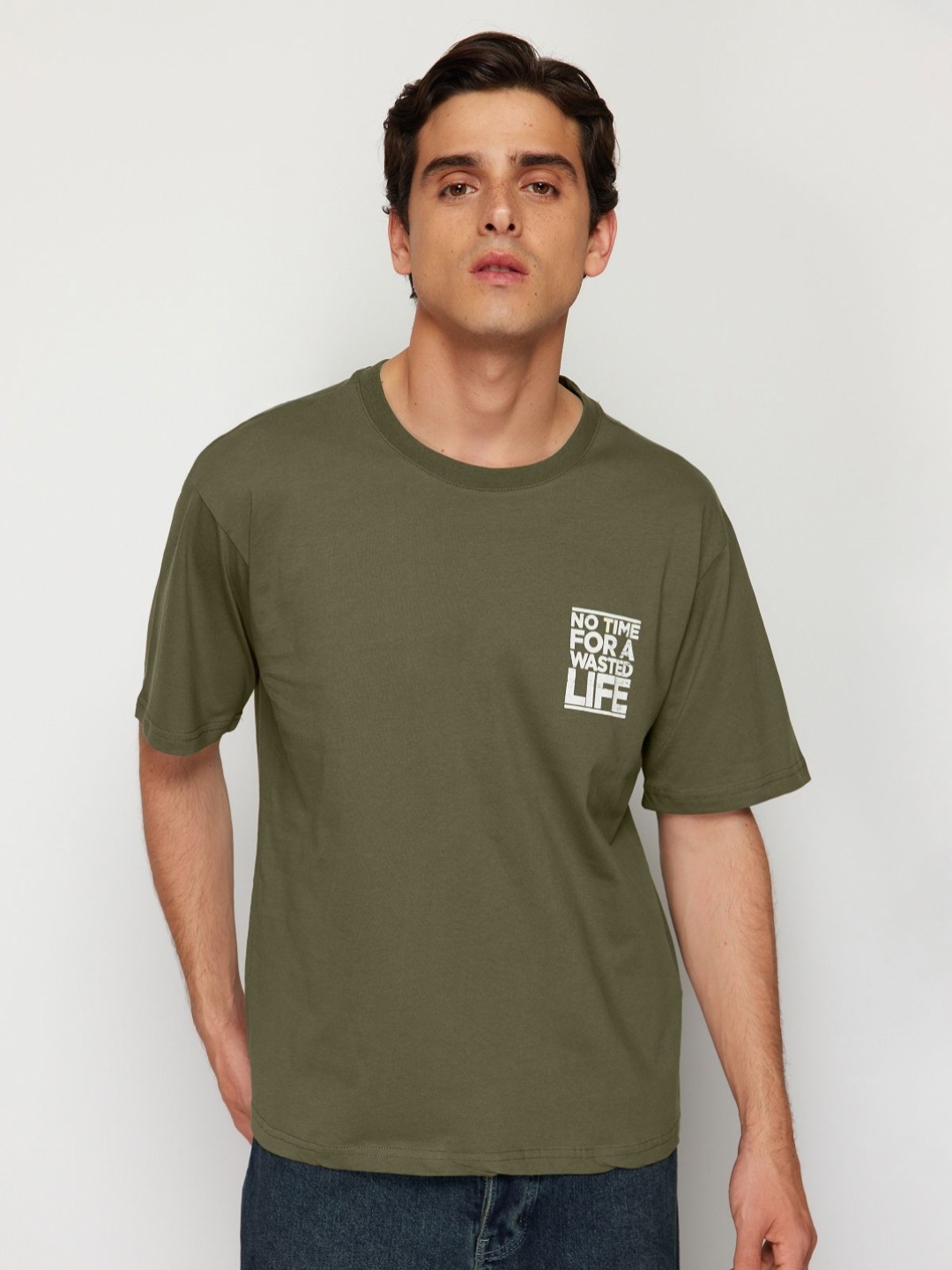 

Trendyol Men Typography Printed Round Neck Cotton T-Shirt, Olive