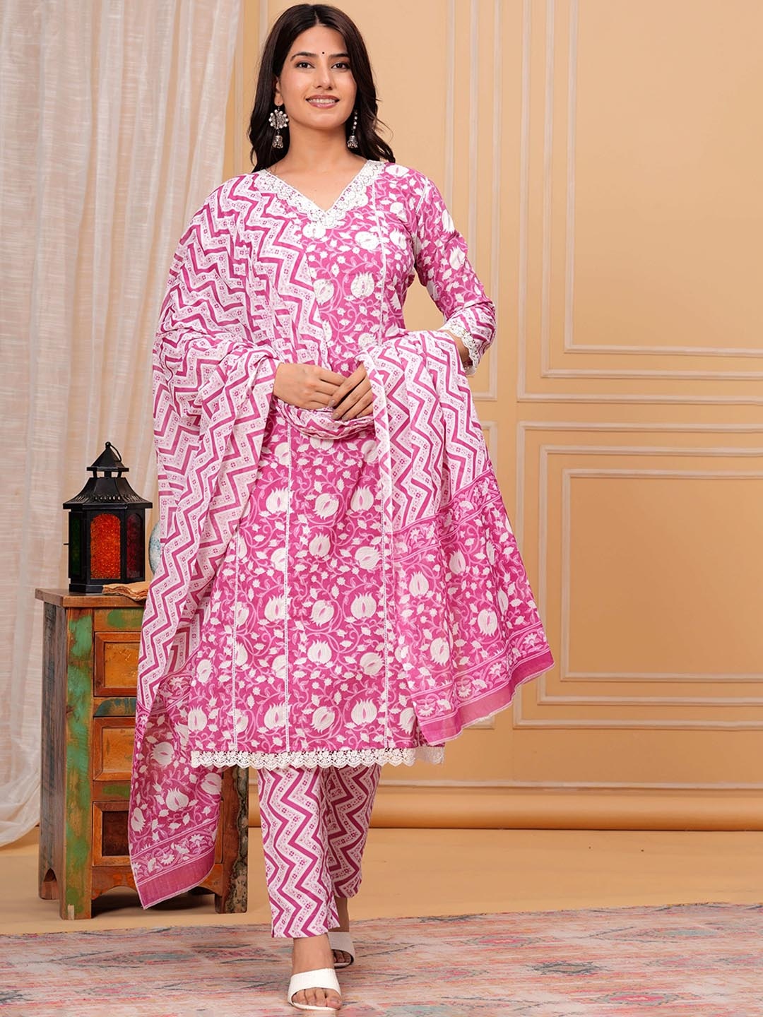

KALINI Floral Printed Straight Thread Work Pure Cotton Kurta with Trousers & Dupatta, Pink