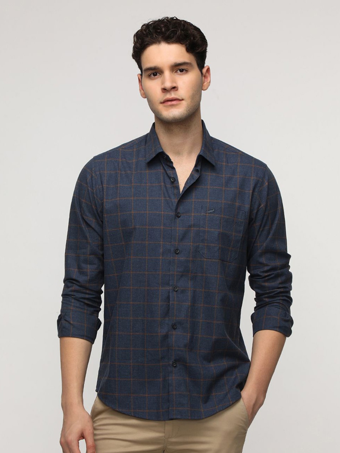 

Crocodile Comfort Signature Windowpane Checked Pure Cotton Casual Shirt, Navy blue