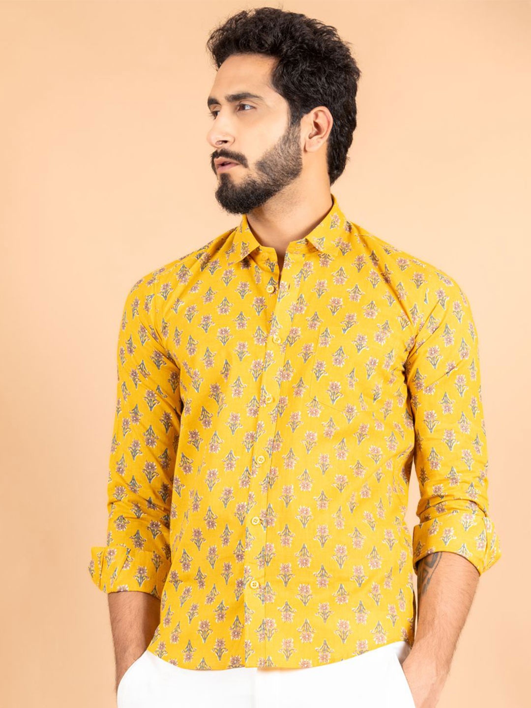

Tistabene Men Standard Spread Collar Floral Printed Cotton Casual Shirt, Yellow