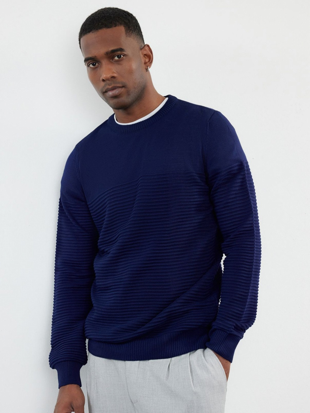 

Trendyol Men Self Design Round Neck Acrylic T-Shirt, Navy blue