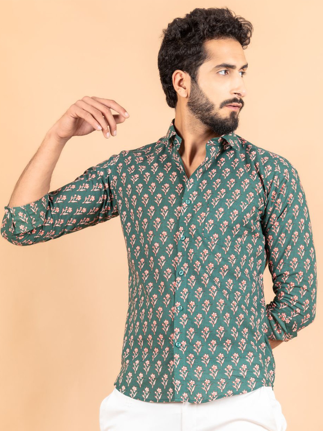 

Tistabene Men Standard Spread Collar Floral Printed Cotton Casual Shirt, Green