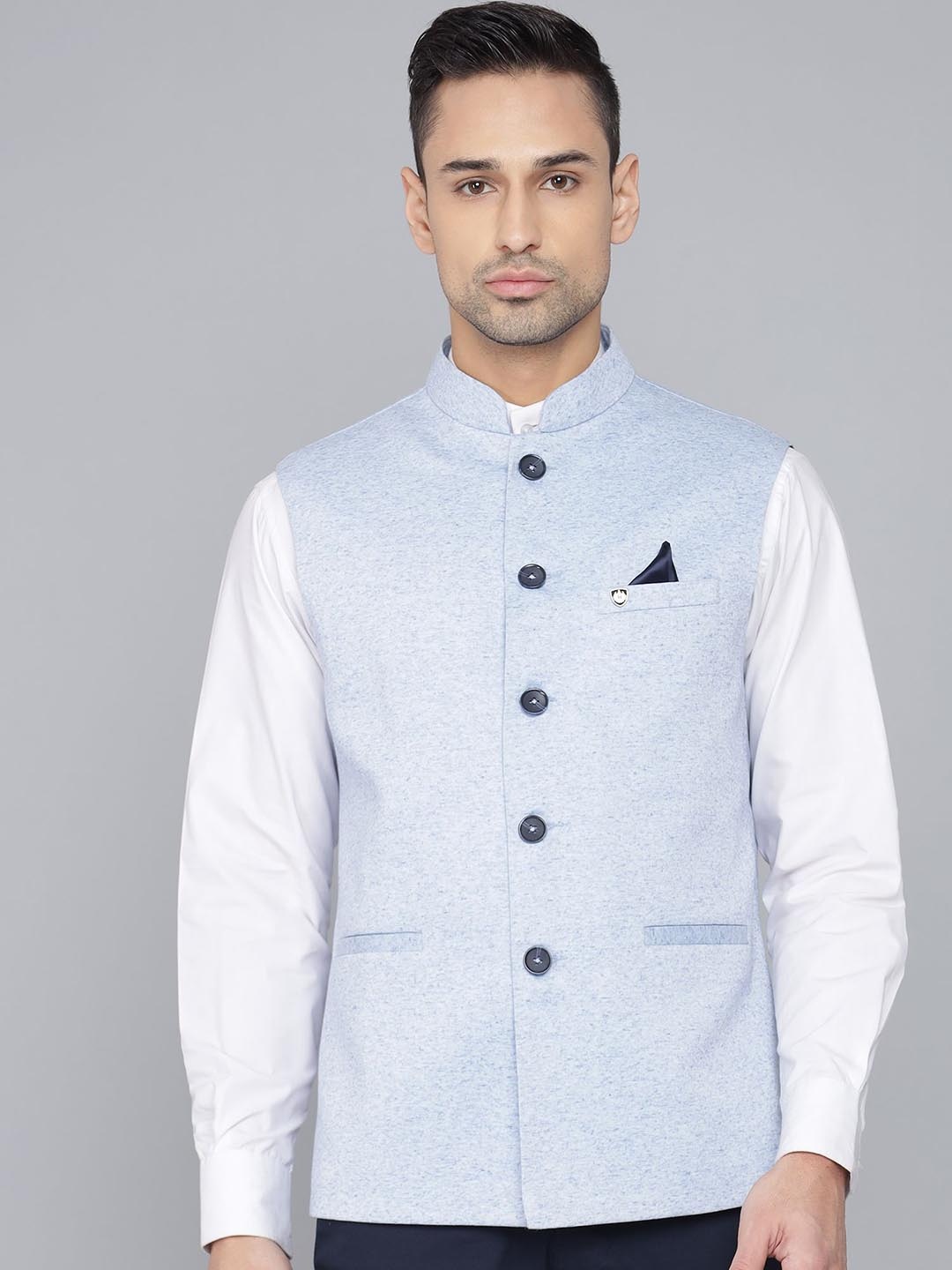 

LA'SCOOT Mandarin Collar Woven Nehru Jacket, Blue