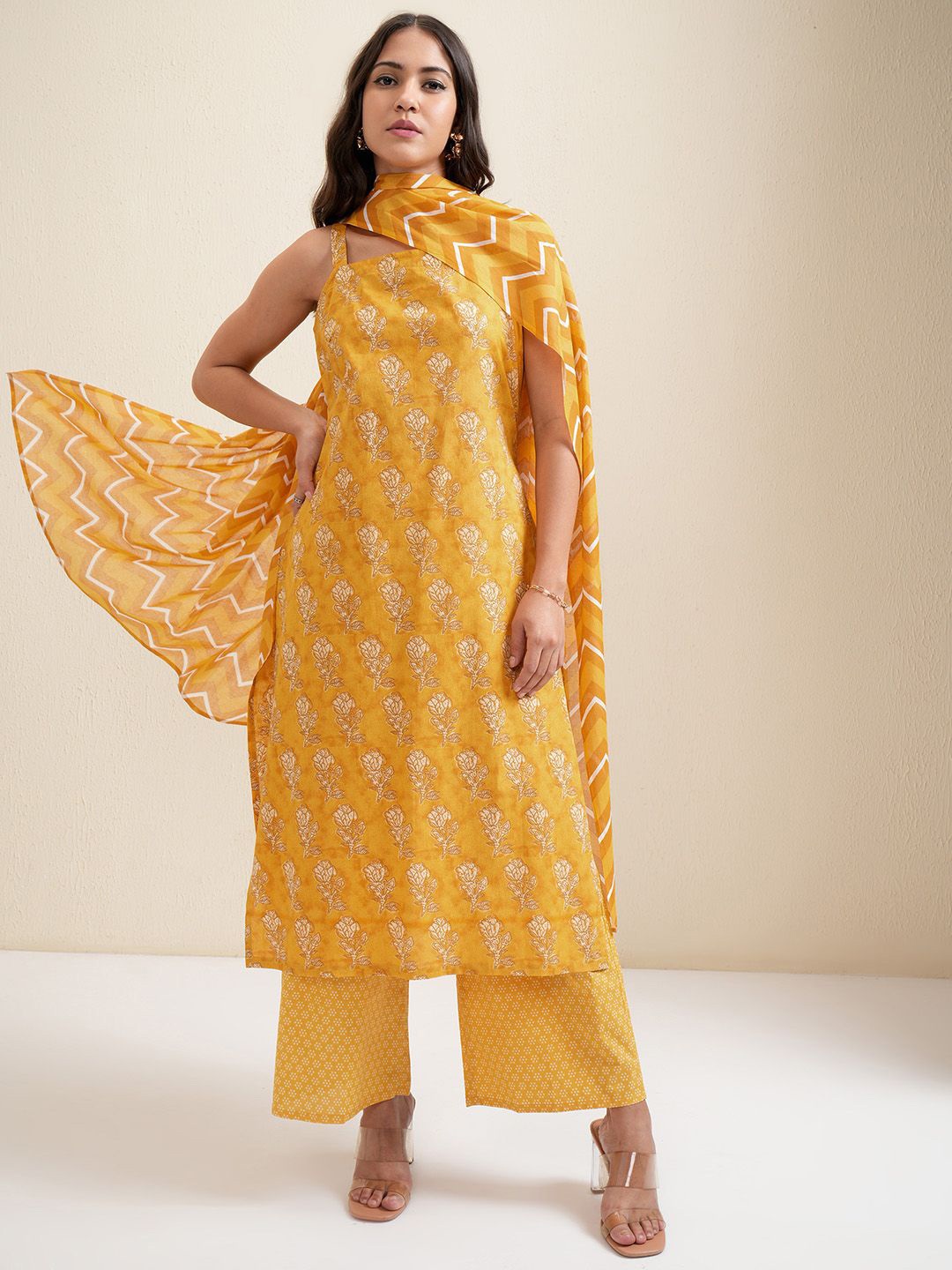 

Vishudh Mustrad Yellow Floral Printed Pure Cotton Straight Kurta & Palazzos With Dupatta, Mustard